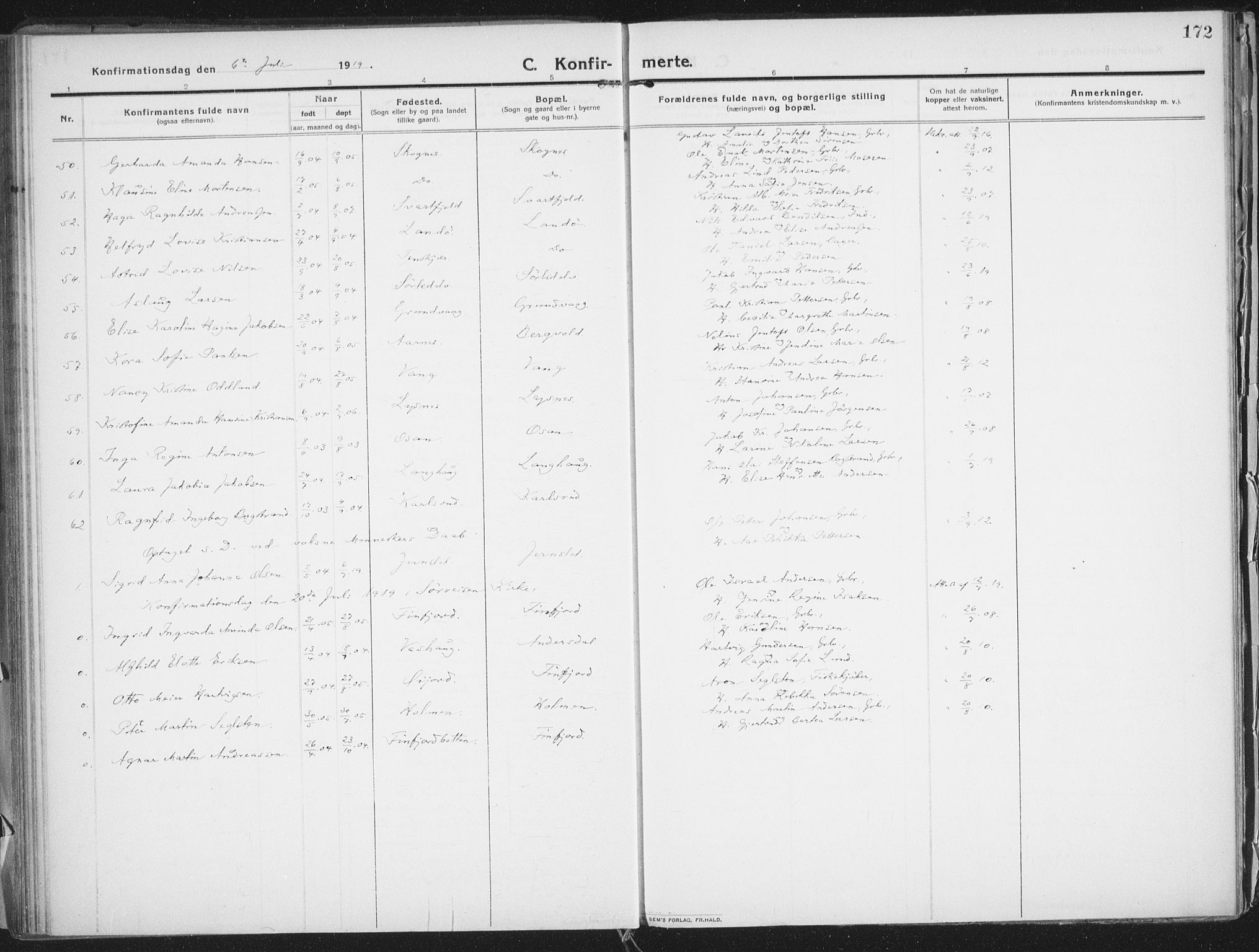 Lenvik sokneprestembete, AV/SATØ-S-1310/H/Ha/Haa/L0016kirke: Parish register (official) no. 16, 1910-1924, p. 172