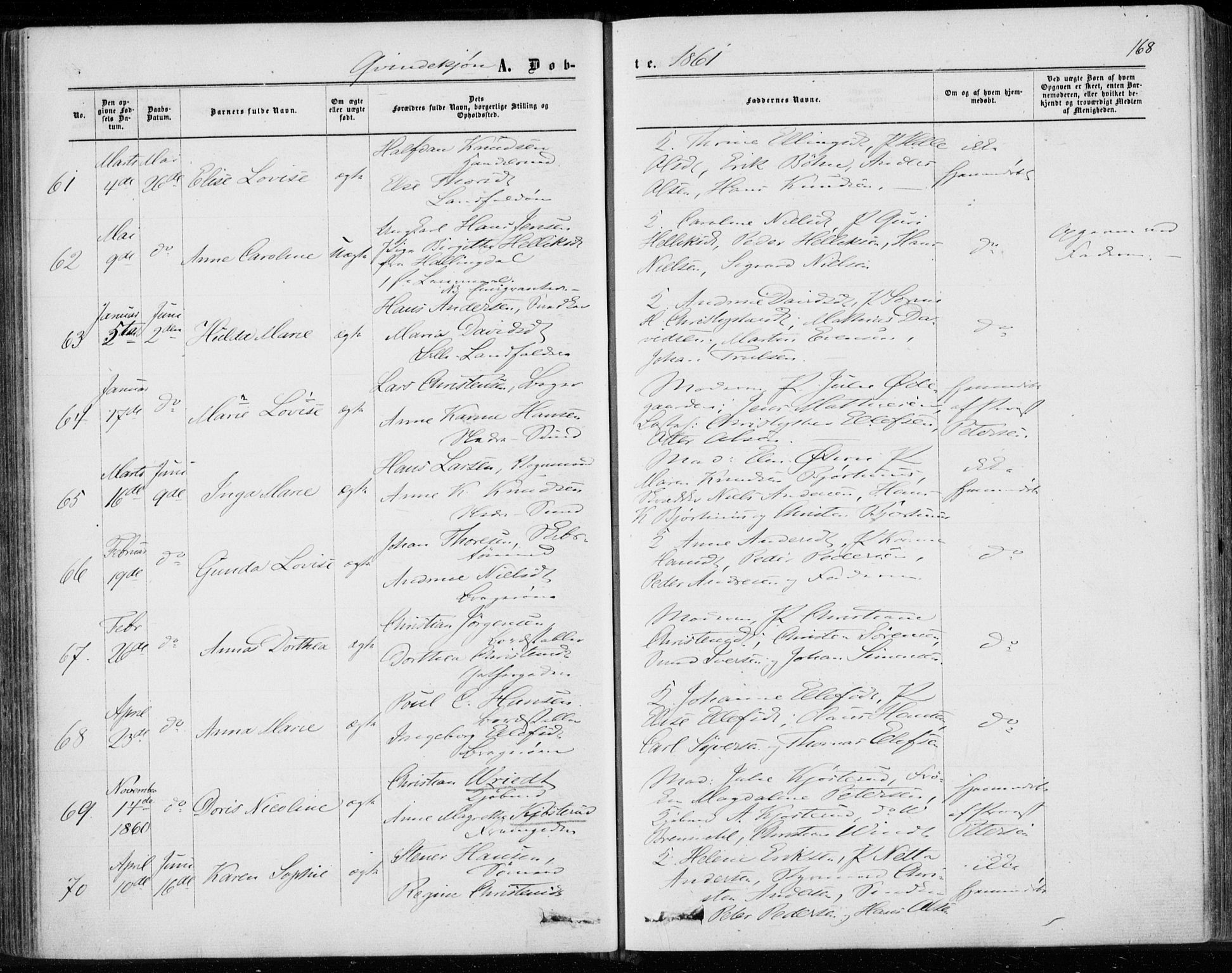 Bragernes kirkebøker, AV/SAKO-A-6/F/Fb/L0003: Parish register (official) no. II 3, 1860-1868, p. 168