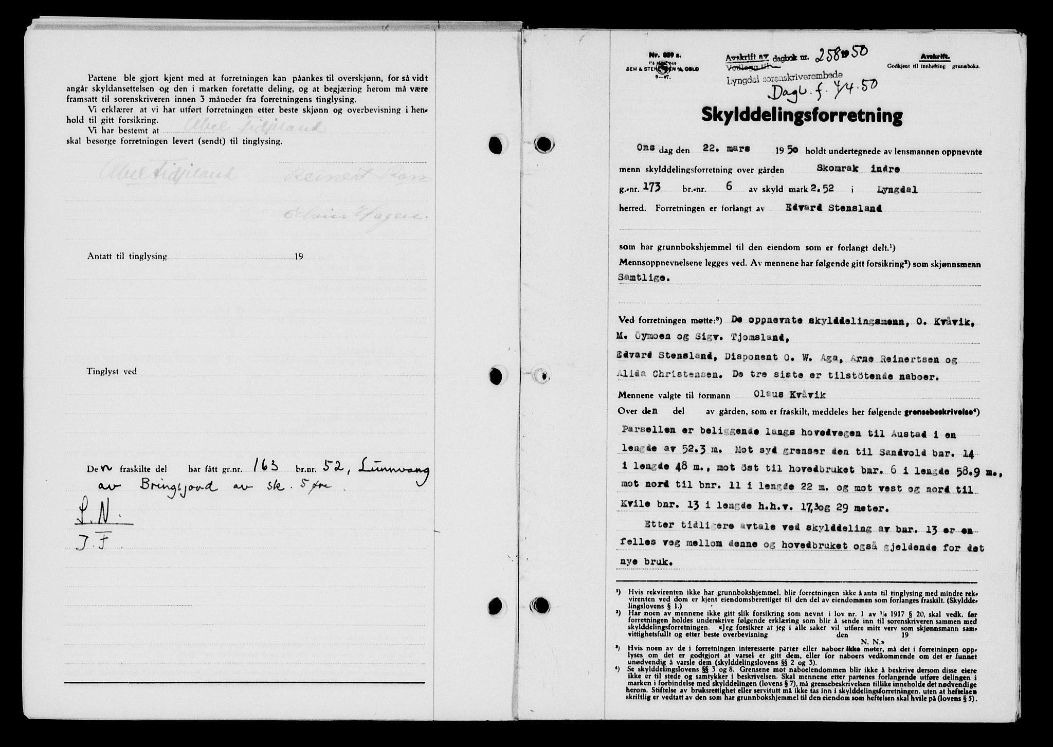 Lyngdal sorenskriveri, AV/SAK-1221-0004/G/Gb/L0665: Mortgage book no. A XI, 1950-1950, Diary no: : 258/1950