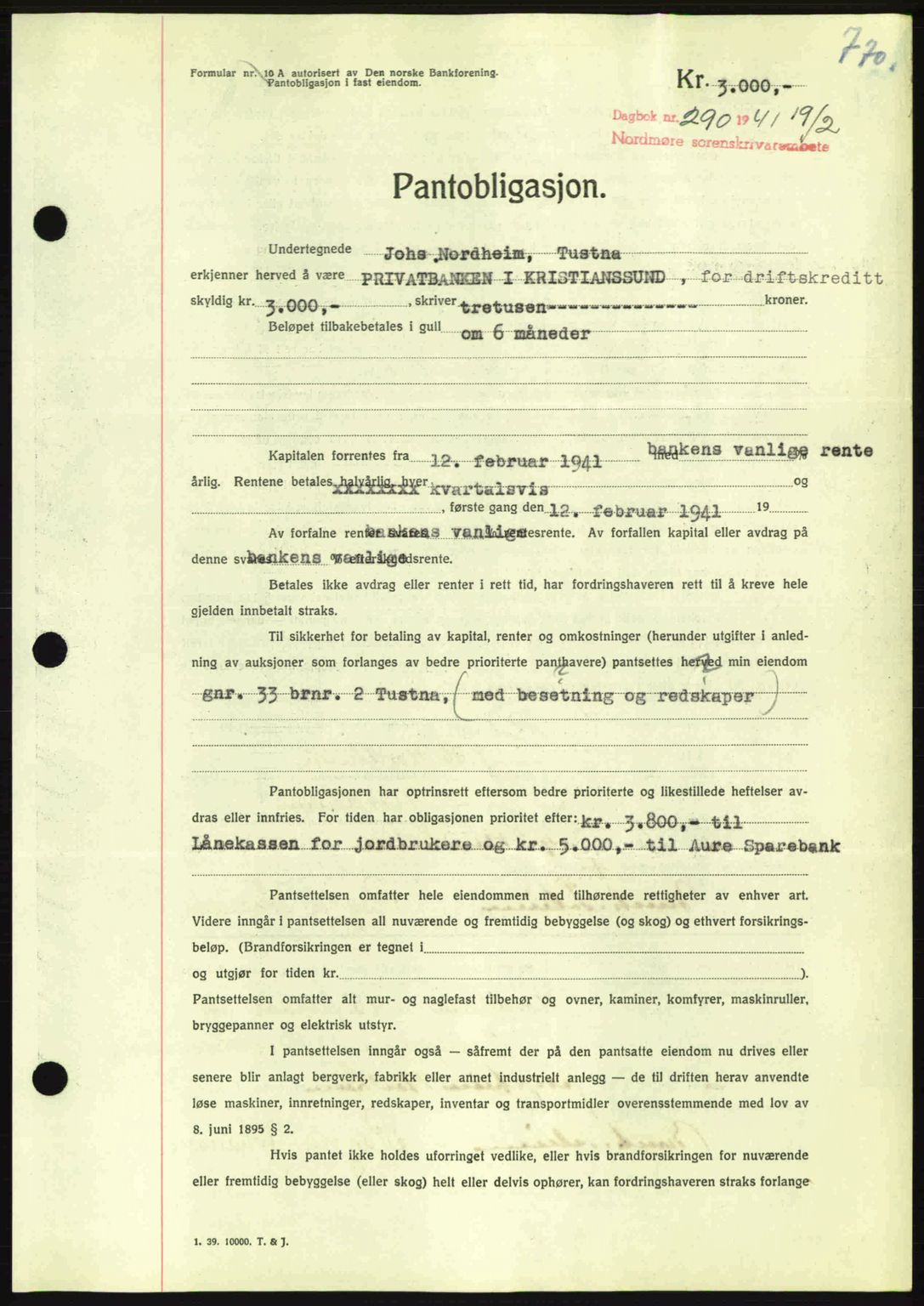 Nordmøre sorenskriveri, AV/SAT-A-4132/1/2/2Ca: Mortgage book no. B87, 1940-1941, Diary no: : 290/1941