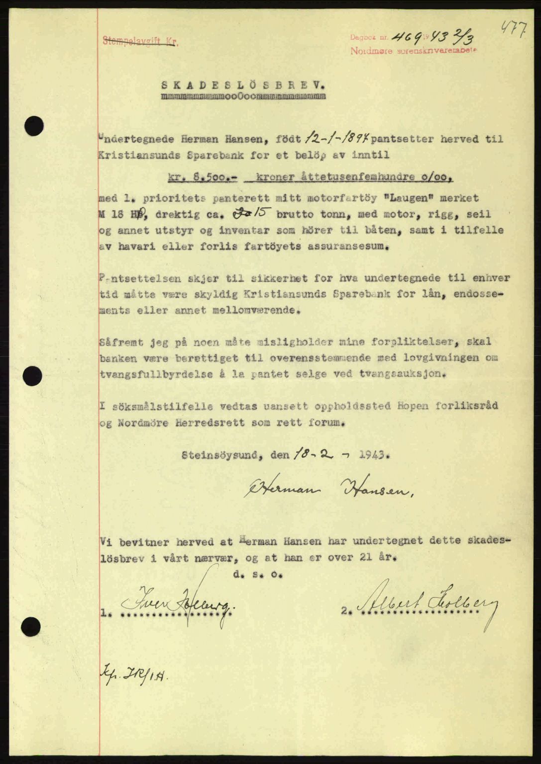 Nordmøre sorenskriveri, AV/SAT-A-4132/1/2/2Ca: Mortgage book no. B90, 1942-1943, Diary no: : 469/1943