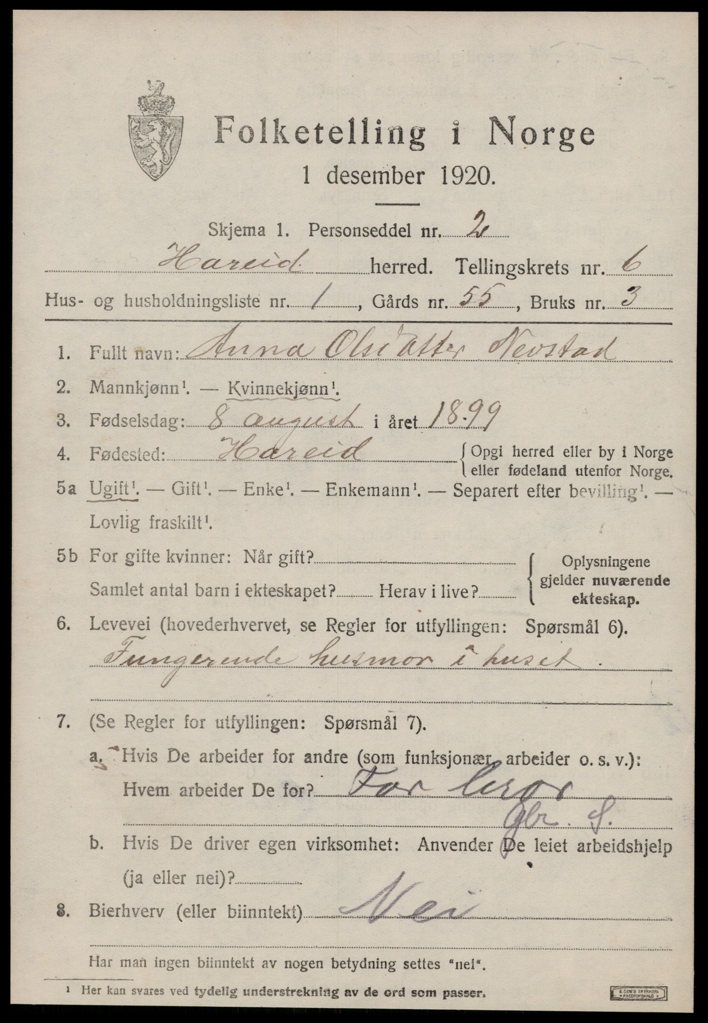 SAT, 1920 census for Hareid, 1920, p. 2165