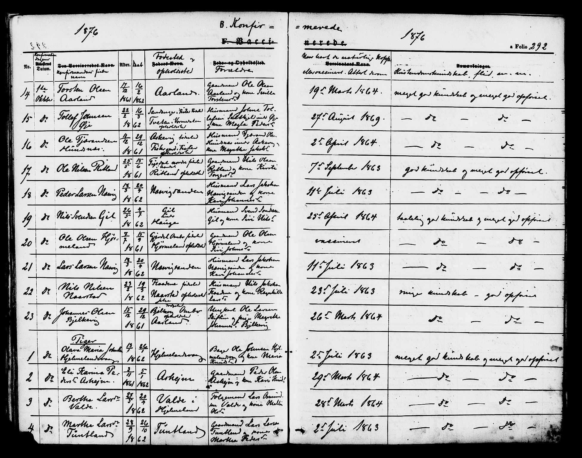 Hjelmeland sokneprestkontor, AV/SAST-A-101843/01/IV/L0011: Parish register (official) no. A 11, 1861-1878, p. 292
