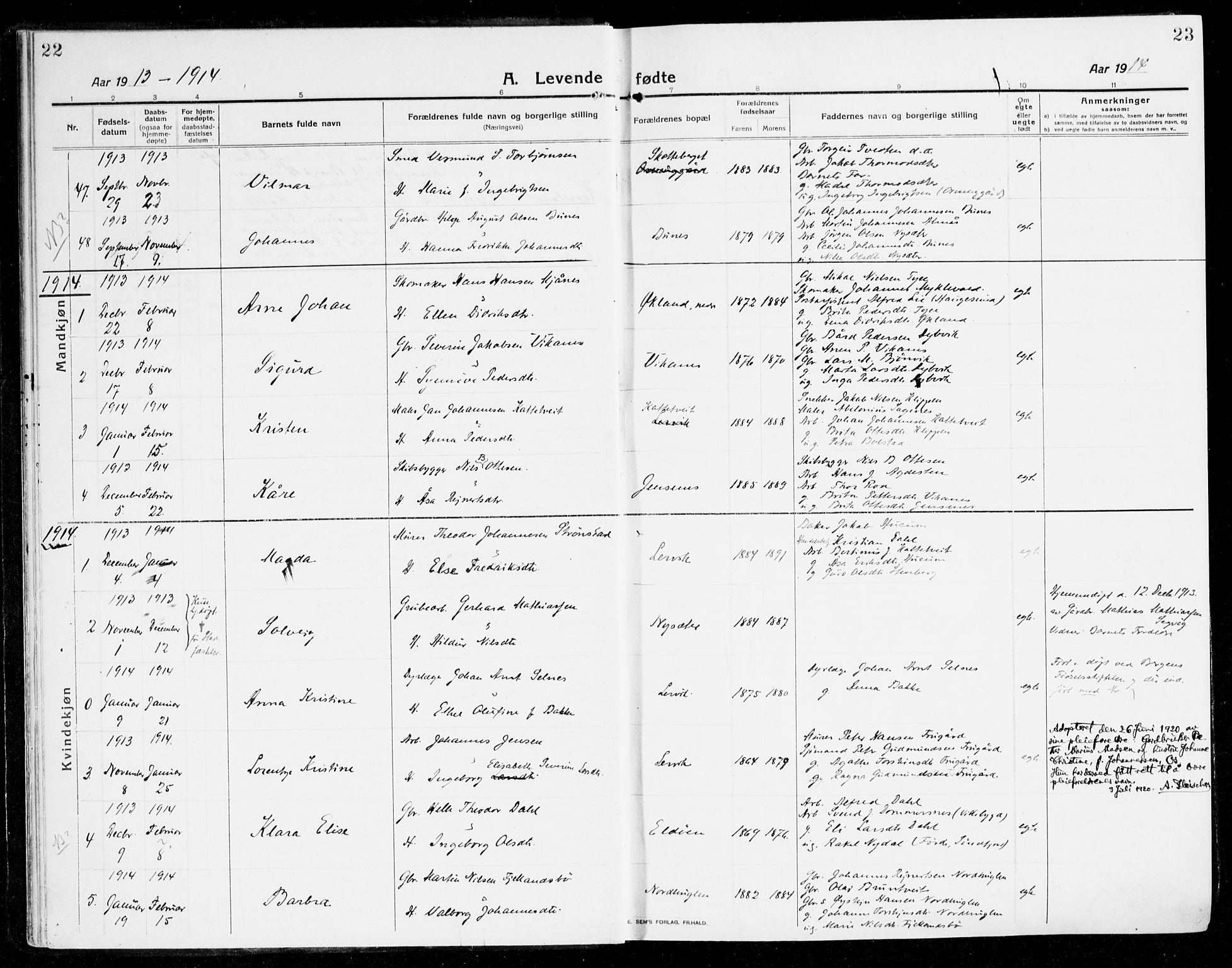 Stord sokneprestembete, SAB/A-78201/H/Haa: Parish register (official) no. B 3, 1913-1925, p. 22-23