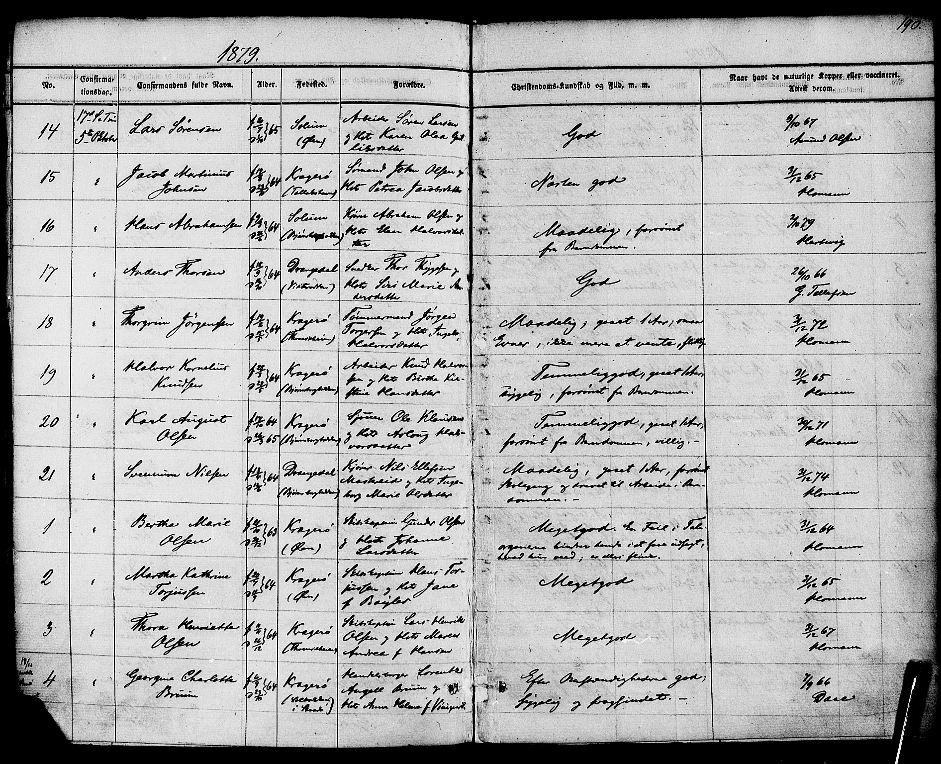 Kragerø kirkebøker, AV/SAKO-A-278/F/Fa/L0008: Parish register (official) no. 8, 1856-1880, p. 190