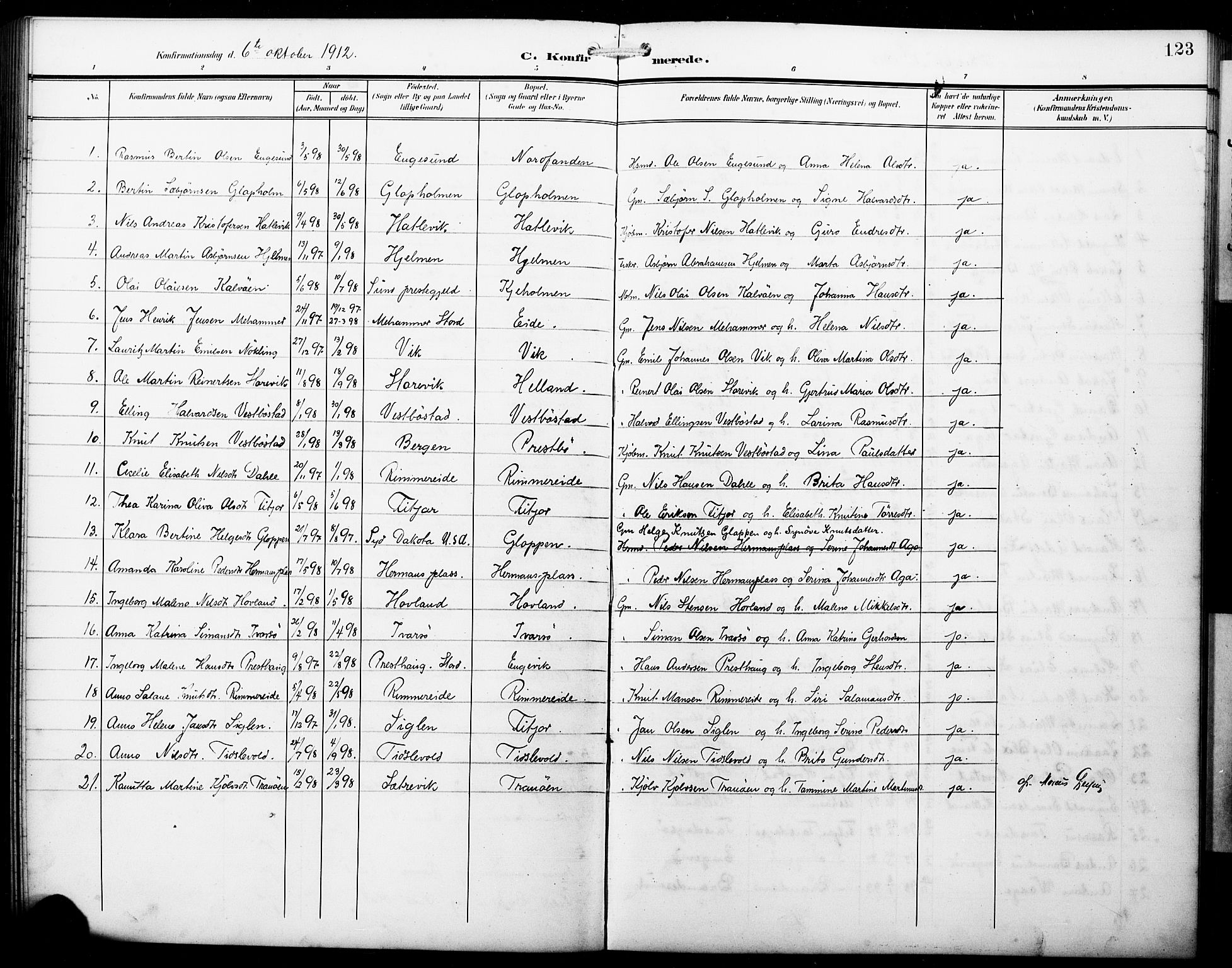 Fitjar sokneprestembete, SAB/A-99926: Parish register (copy) no. B 1, 1906-1928, p. 123