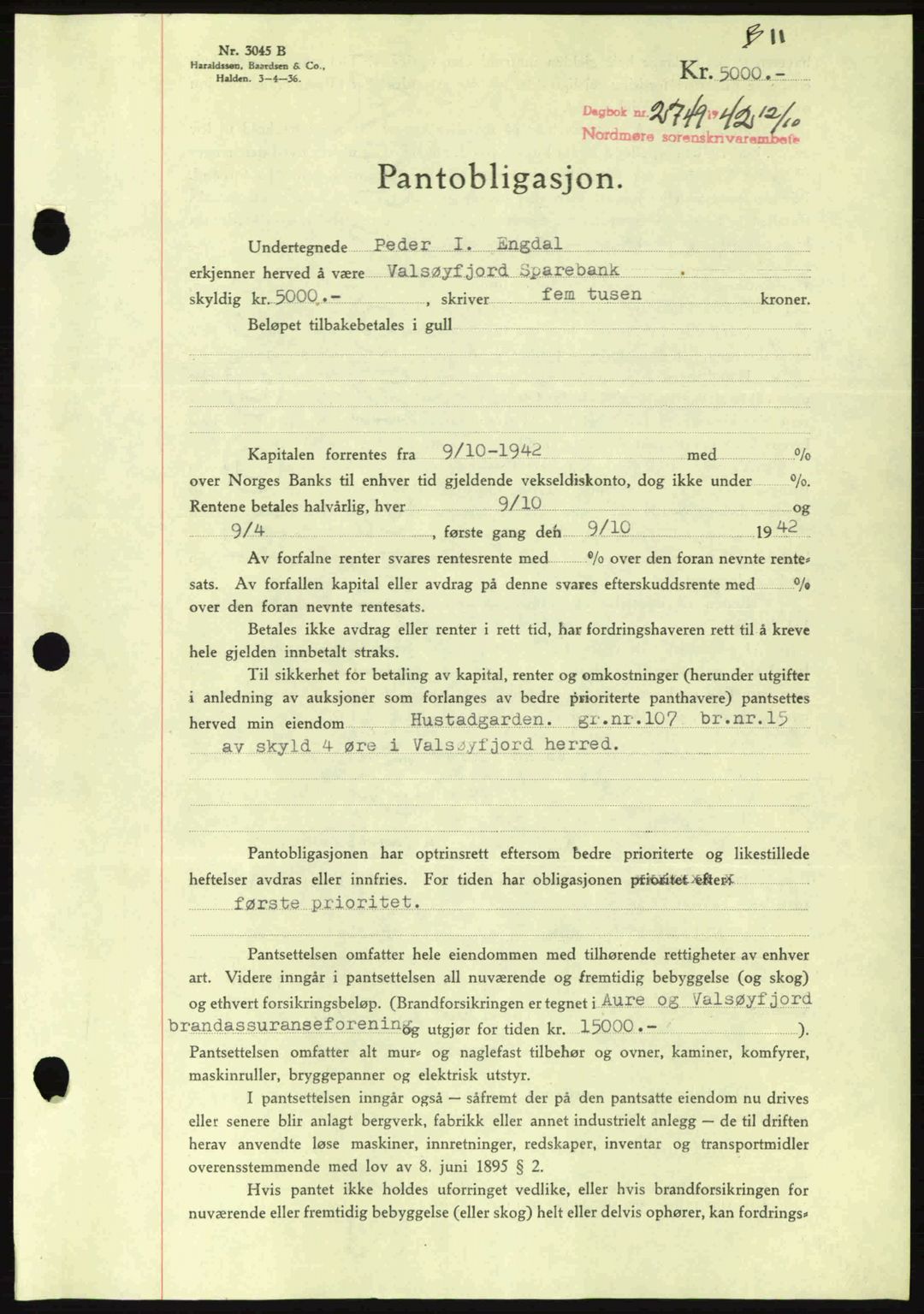 Nordmøre sorenskriveri, AV/SAT-A-4132/1/2/2Ca: Mortgage book no. B90, 1942-1943, Diary no: : 2749/1942