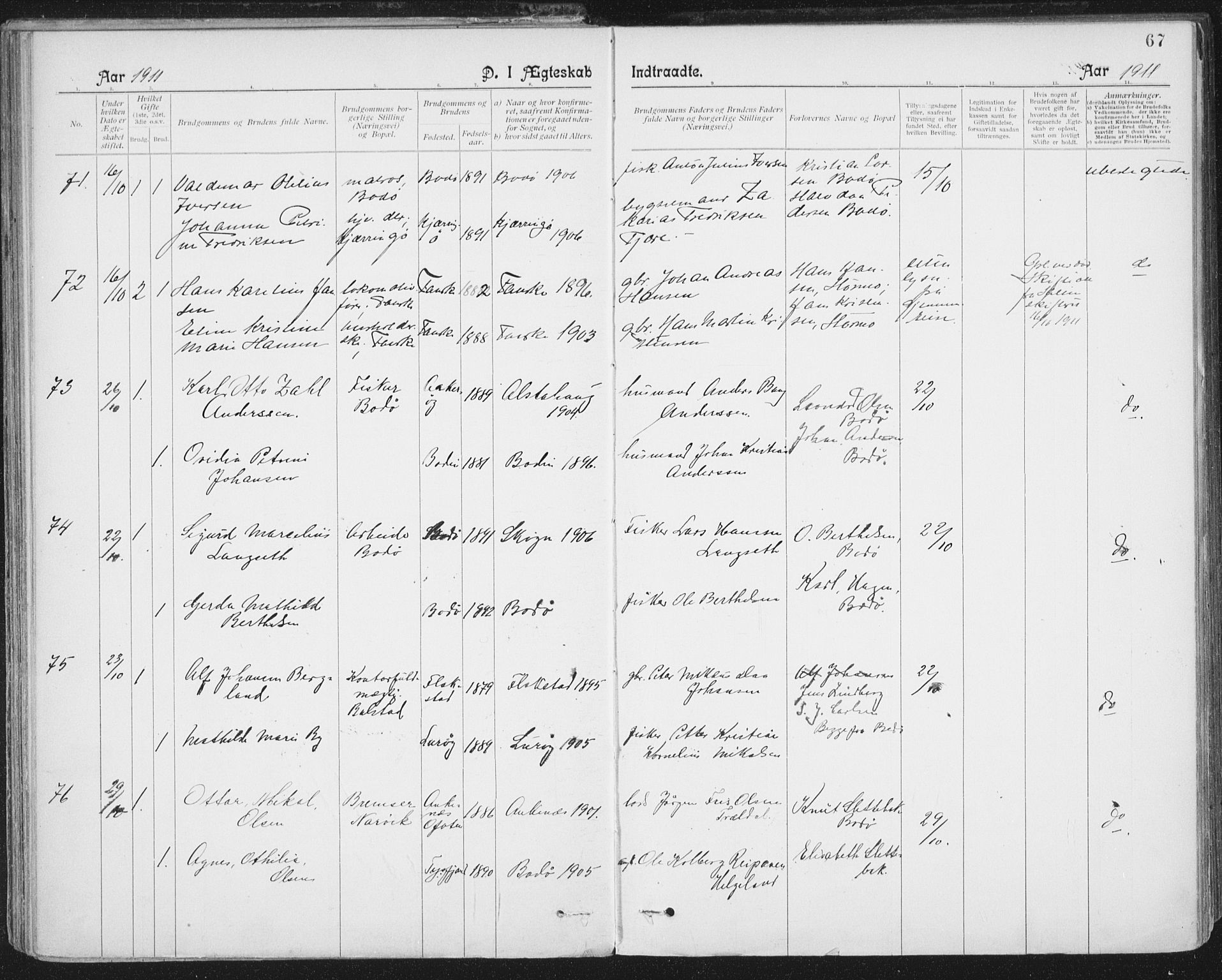 Ministerialprotokoller, klokkerbøker og fødselsregistre - Nordland, AV/SAT-A-1459/801/L0012: Parish register (official) no. 801A12, 1900-1916, p. 67