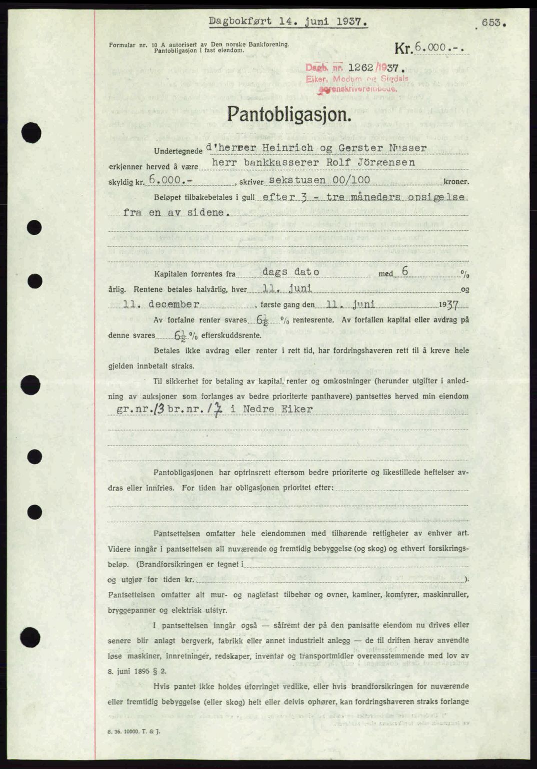 Eiker, Modum og Sigdal sorenskriveri, SAKO/A-123/G/Ga/Gab/L0035: Mortgage book no. A5, 1937-1937, Diary no: : 1262/1937