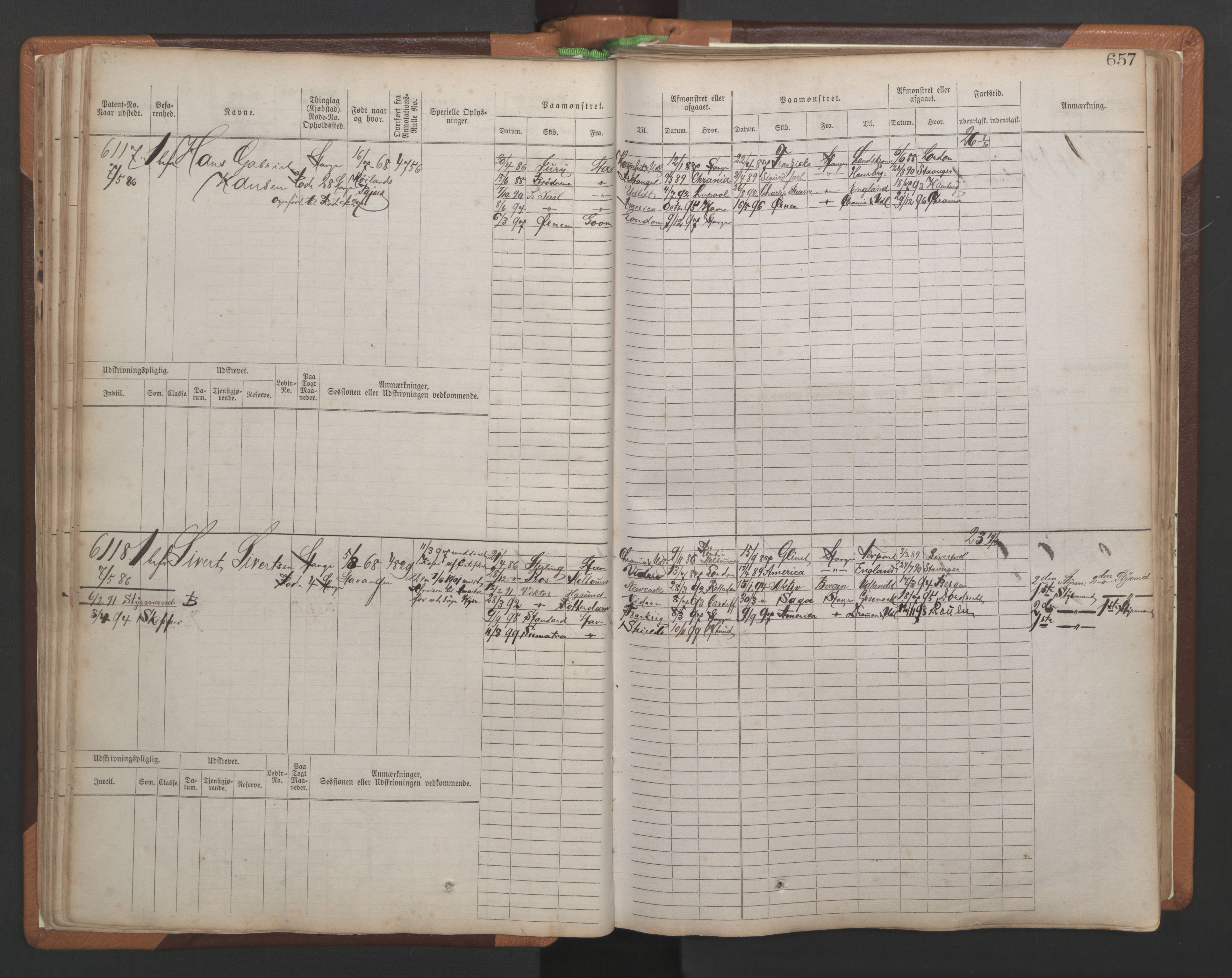 Stavanger sjømannskontor, AV/SAST-A-102006/F/Fb/Fbb/L0010: Sjøfartshovedrulle, patentnr. 6007-6606 (del 1), 1887-1896, p. 61