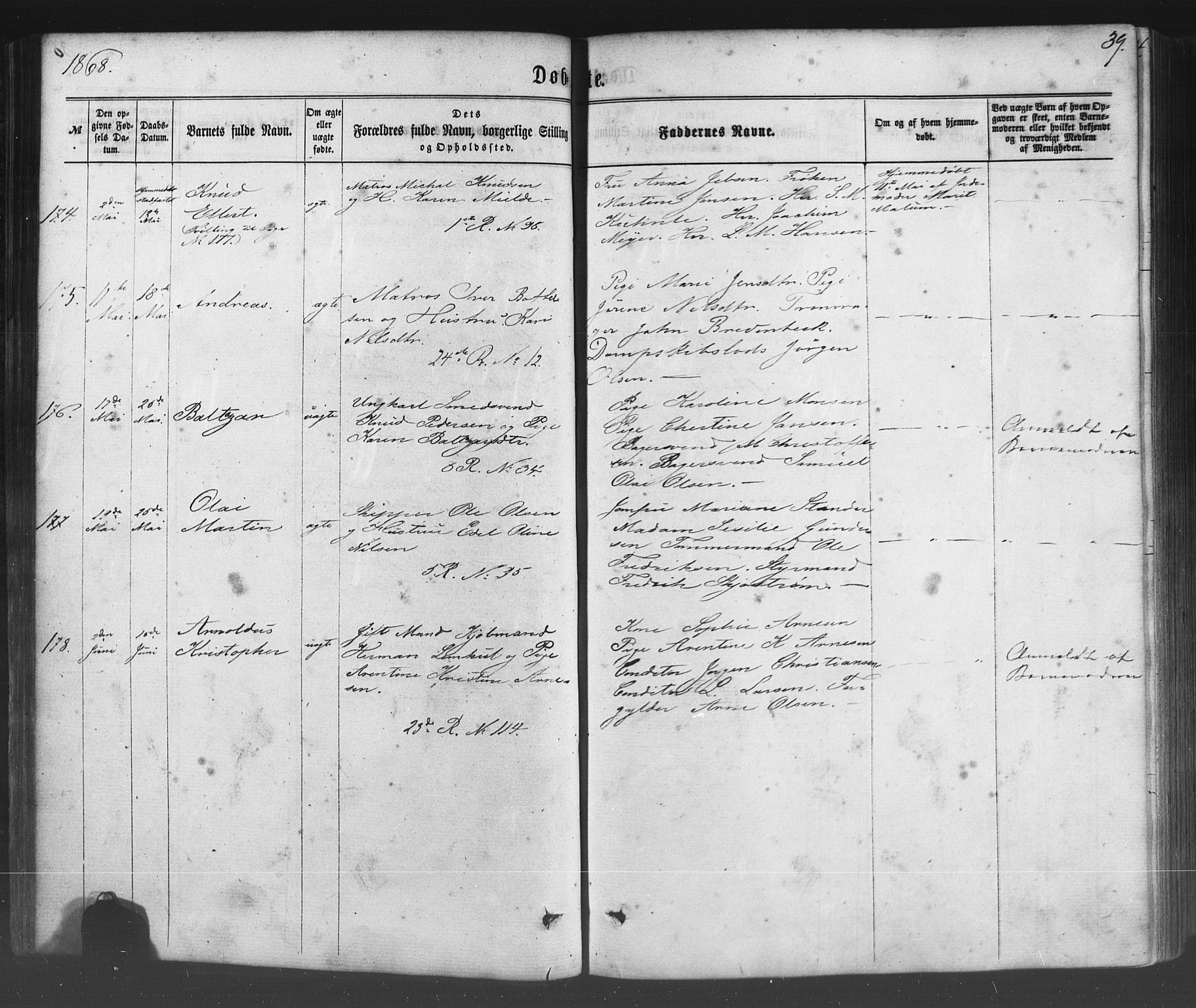 Fødselsstiftelsens sokneprestembete*, SAB/-: Parish register (official) no. A 1, 1863-1883, p. 39