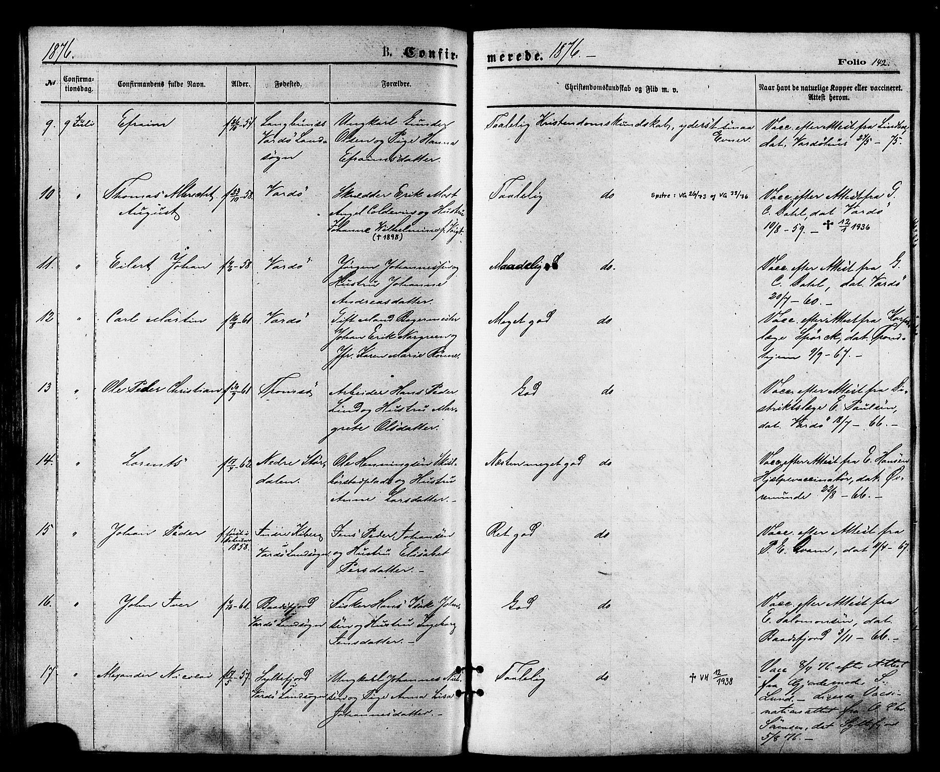 Vardø sokneprestkontor, AV/SATØ-S-1332/H/Ha/L0005kirke: Parish register (official) no. 5, 1872-1878, p. 142