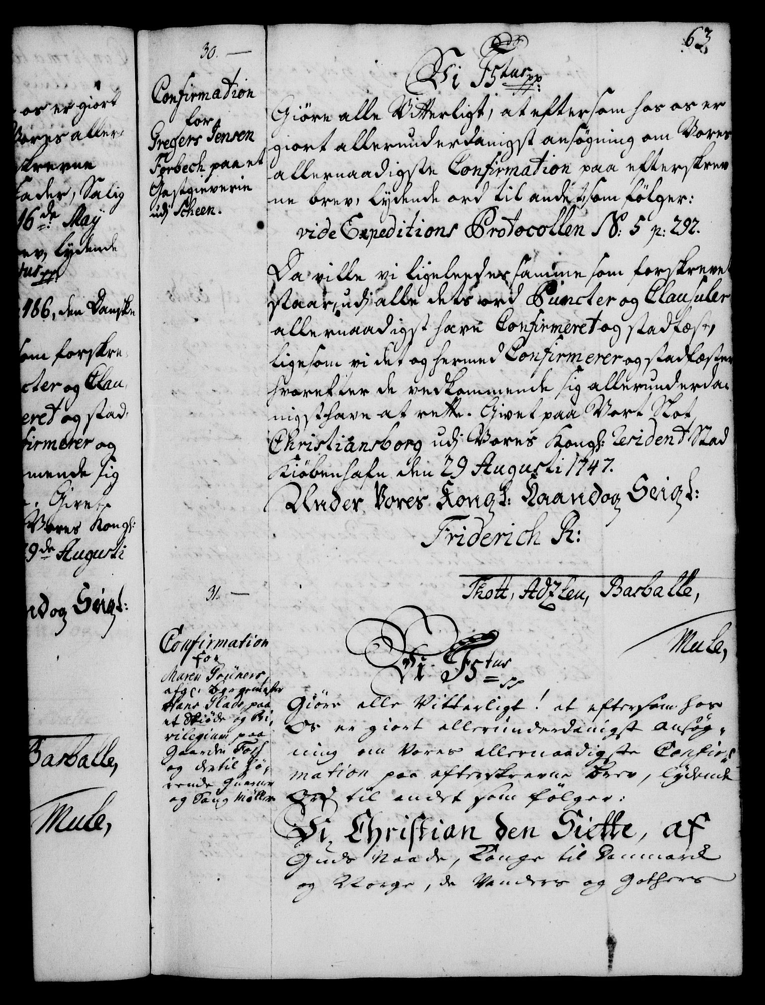 Rentekammeret, Kammerkanselliet, RA/EA-3111/G/Gg/Ggc/Ggca/L0001: Norsk konfirmasjonsekspedisjonsprotokoll med register (merket RK 53.23), 1746-1750, p. 63