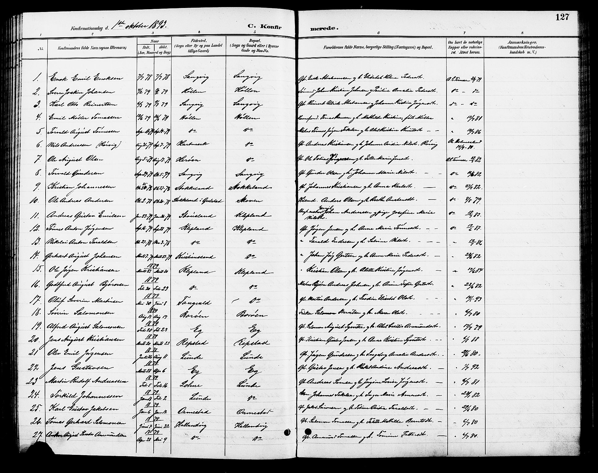 Søgne sokneprestkontor, SAK/1111-0037/F/Fb/Fbb/L0006: Parish register (copy) no. B 6, 1892-1911, p. 127