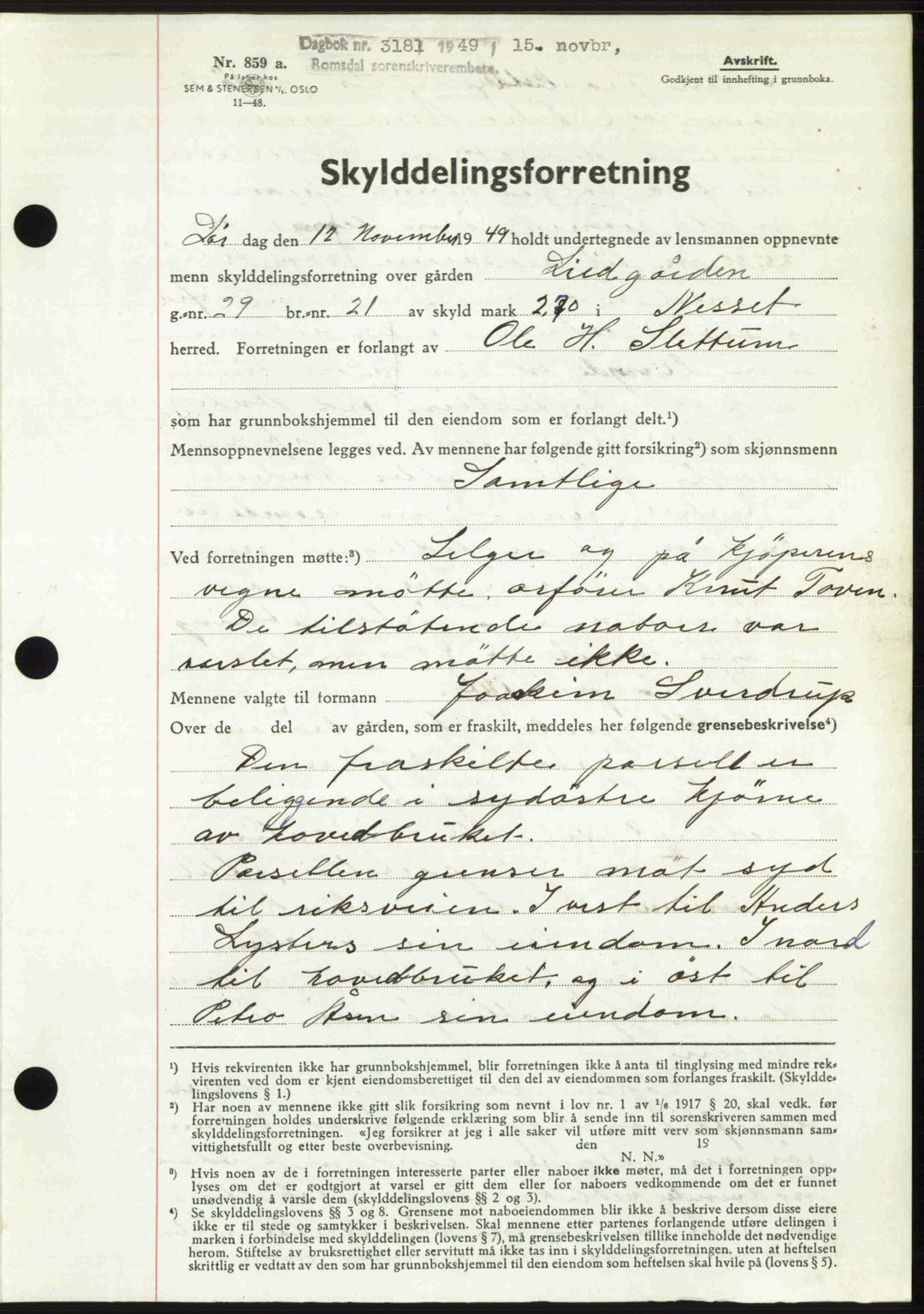 Romsdal sorenskriveri, AV/SAT-A-4149/1/2/2C: Mortgage book no. A31, 1949-1949, Diary no: : 3181/1949