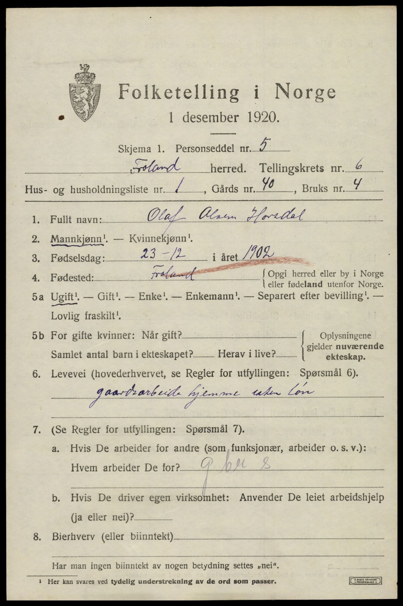 SAK, 1920 census for Froland, 1920, p. 4045