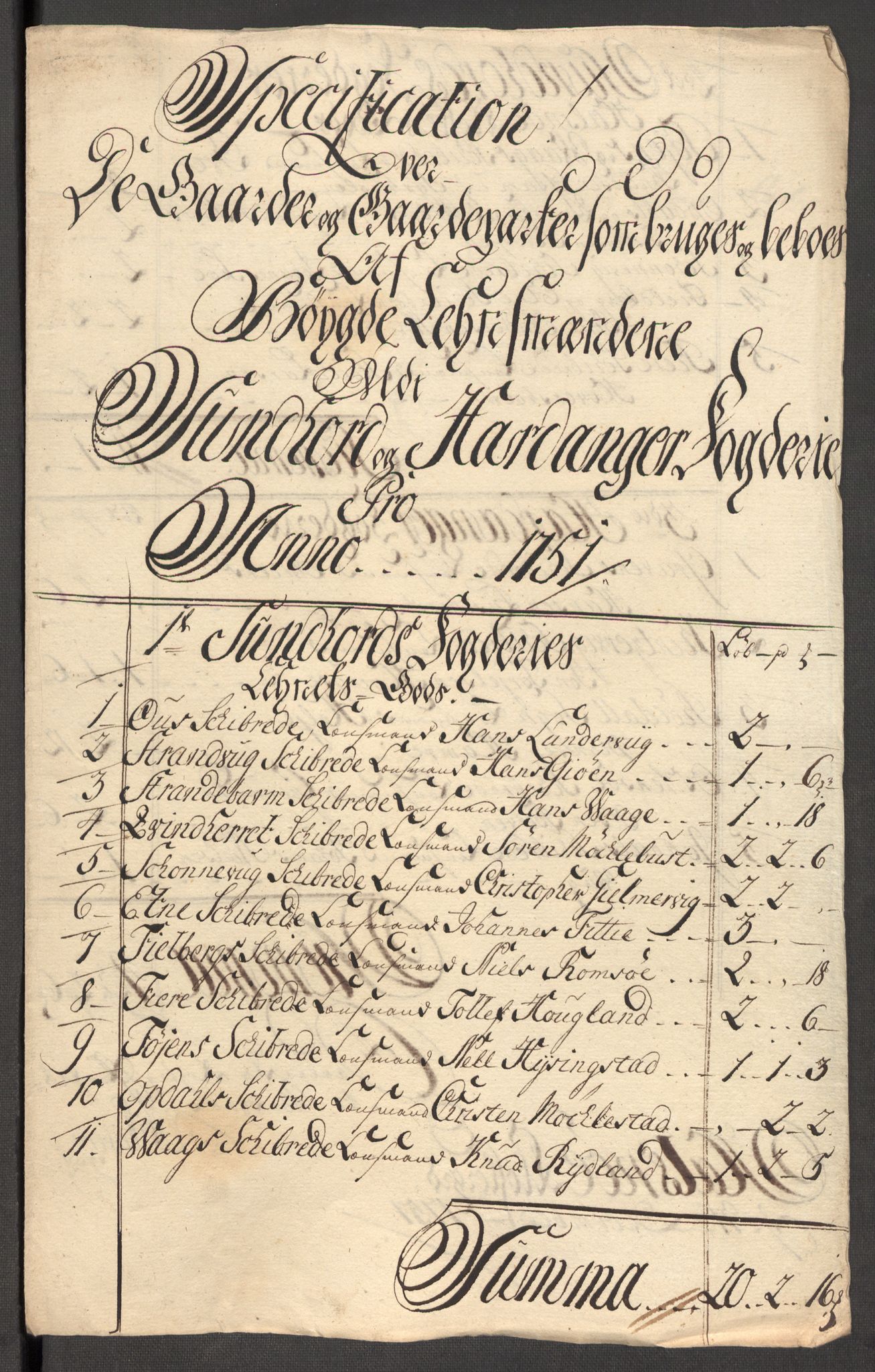 Rentekammeret inntil 1814, Reviderte regnskaper, Fogderegnskap, RA/EA-4092/R48/L3056: Fogderegnskap Sunnhordland og Hardanger, 1751, p. 321