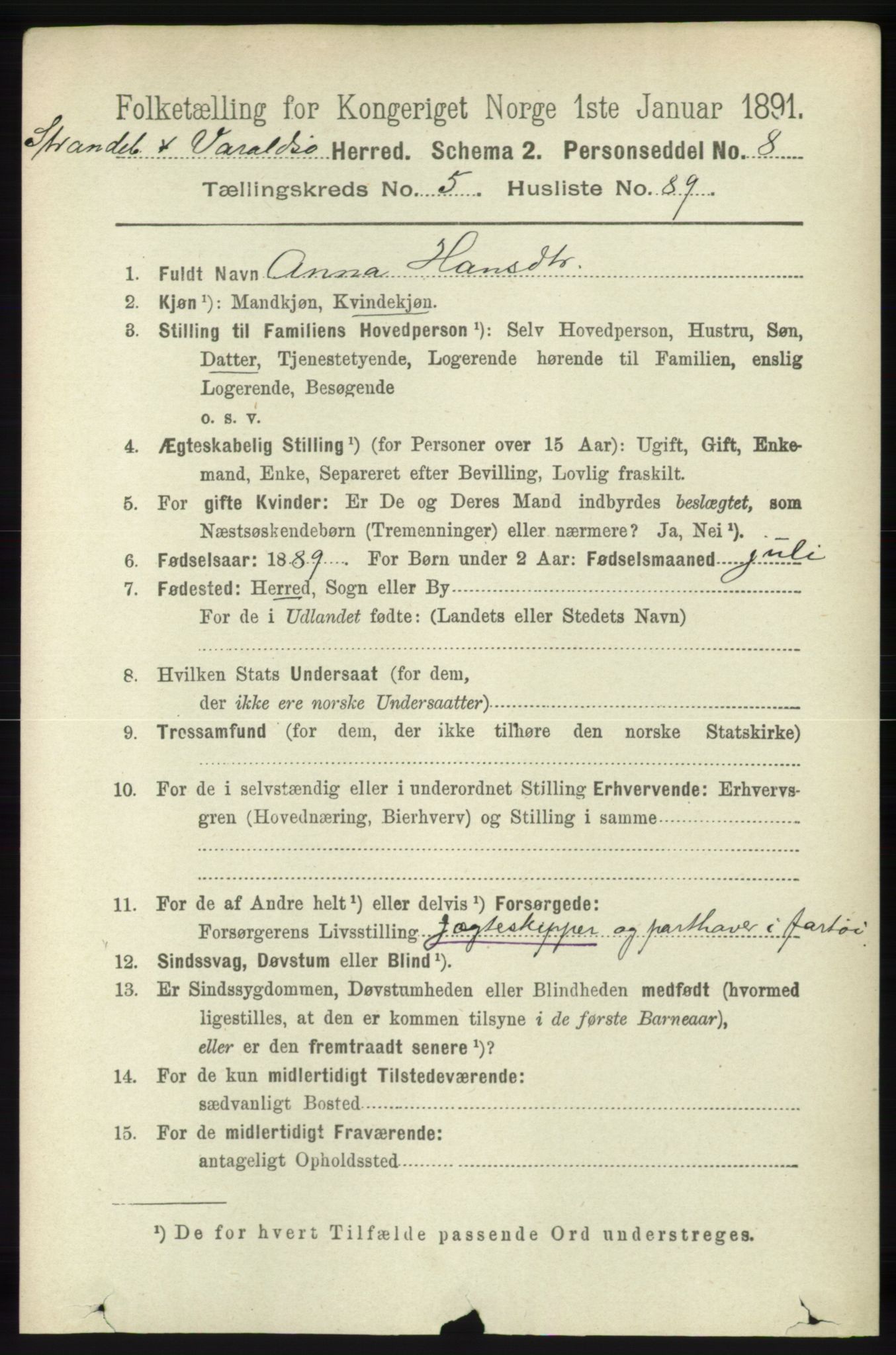 RA, 1891 census for 1226 Strandebarm og Varaldsøy, 1891, p. 2385