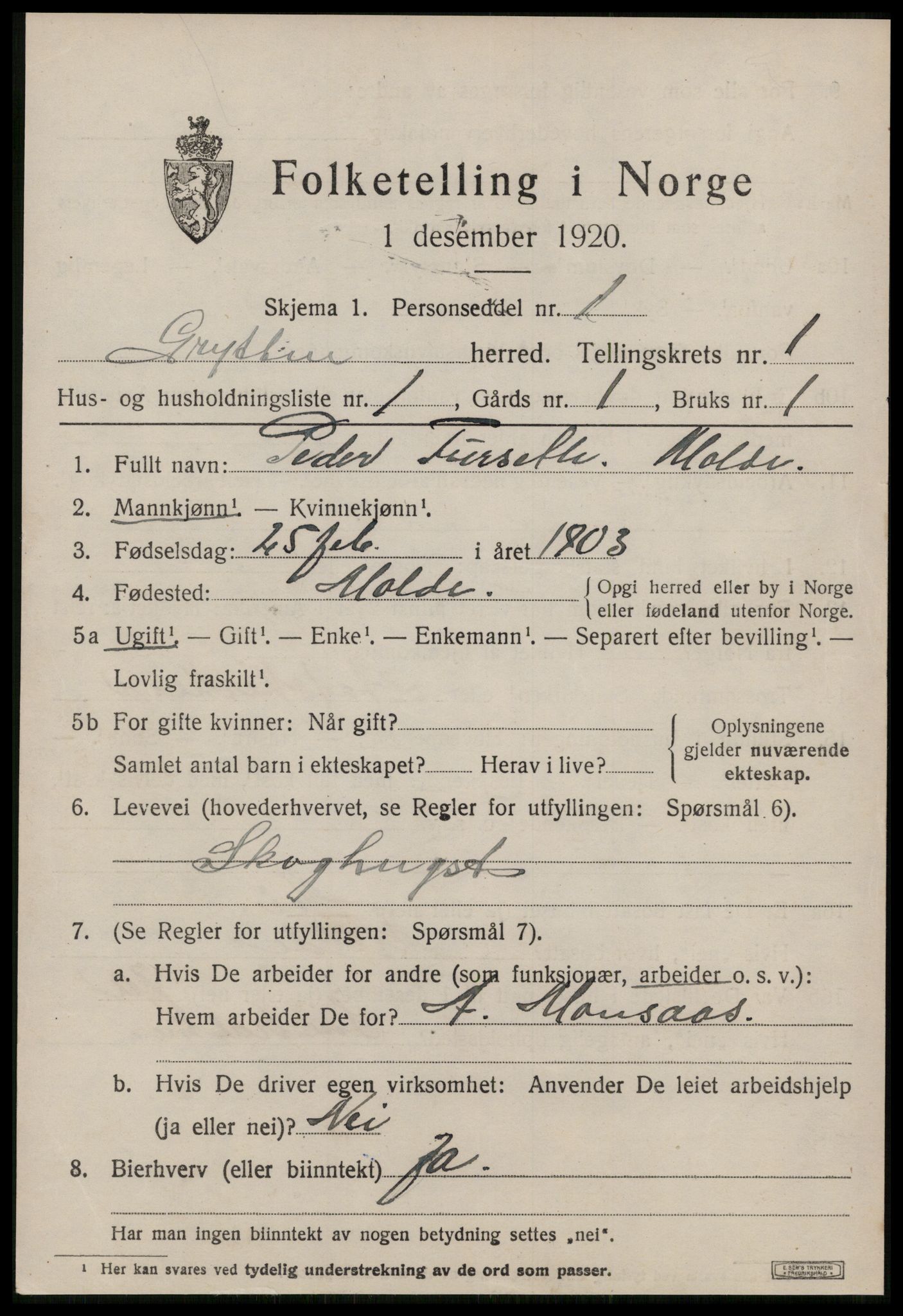 SAT, 1920 census for Grytten, 1920, p. 834