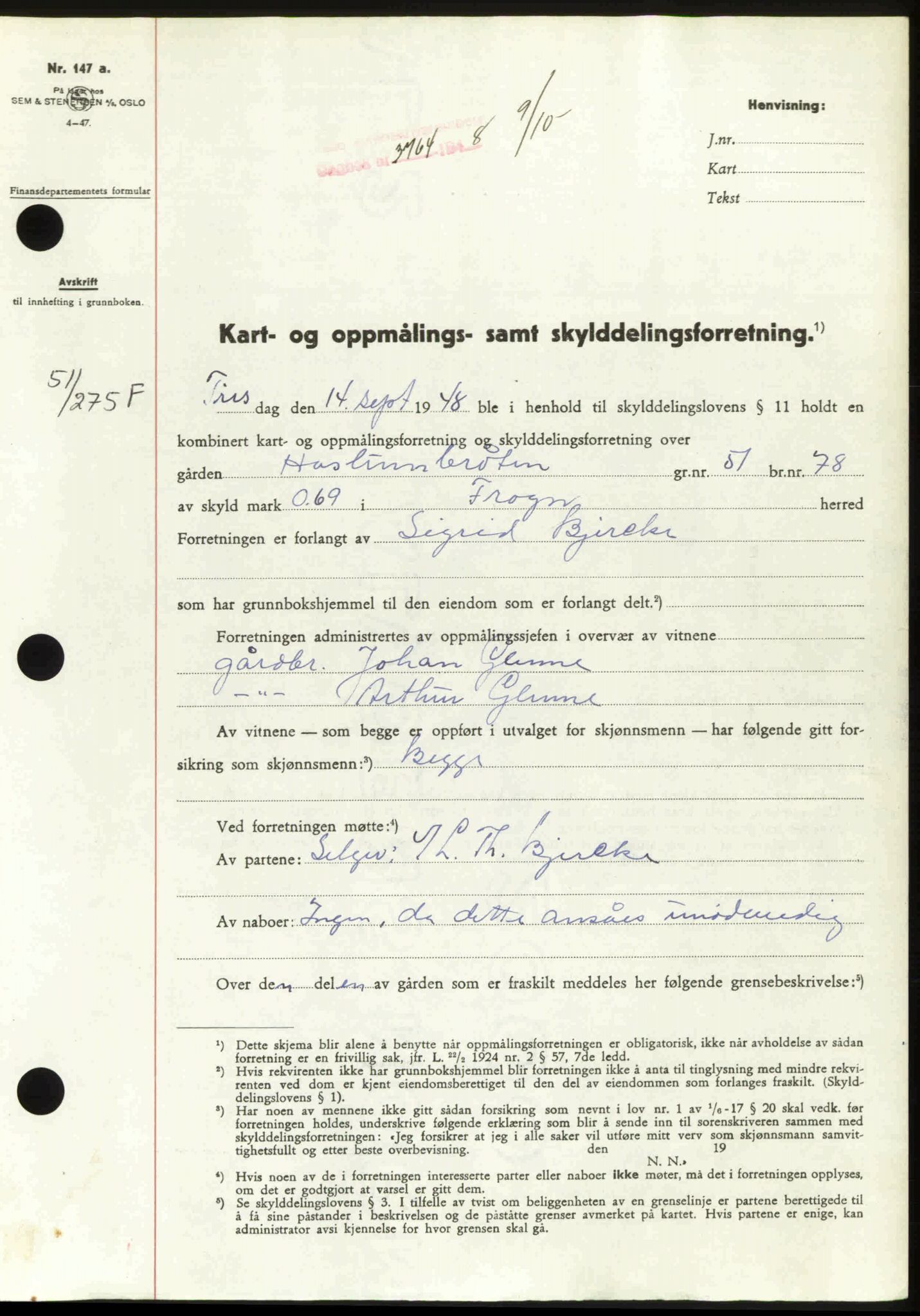 Follo sorenskriveri, SAO/A-10274/G/Ga/Gaa/L0085: Mortgage book no. I 85, 1948-1948, Diary no: : 3764/1948