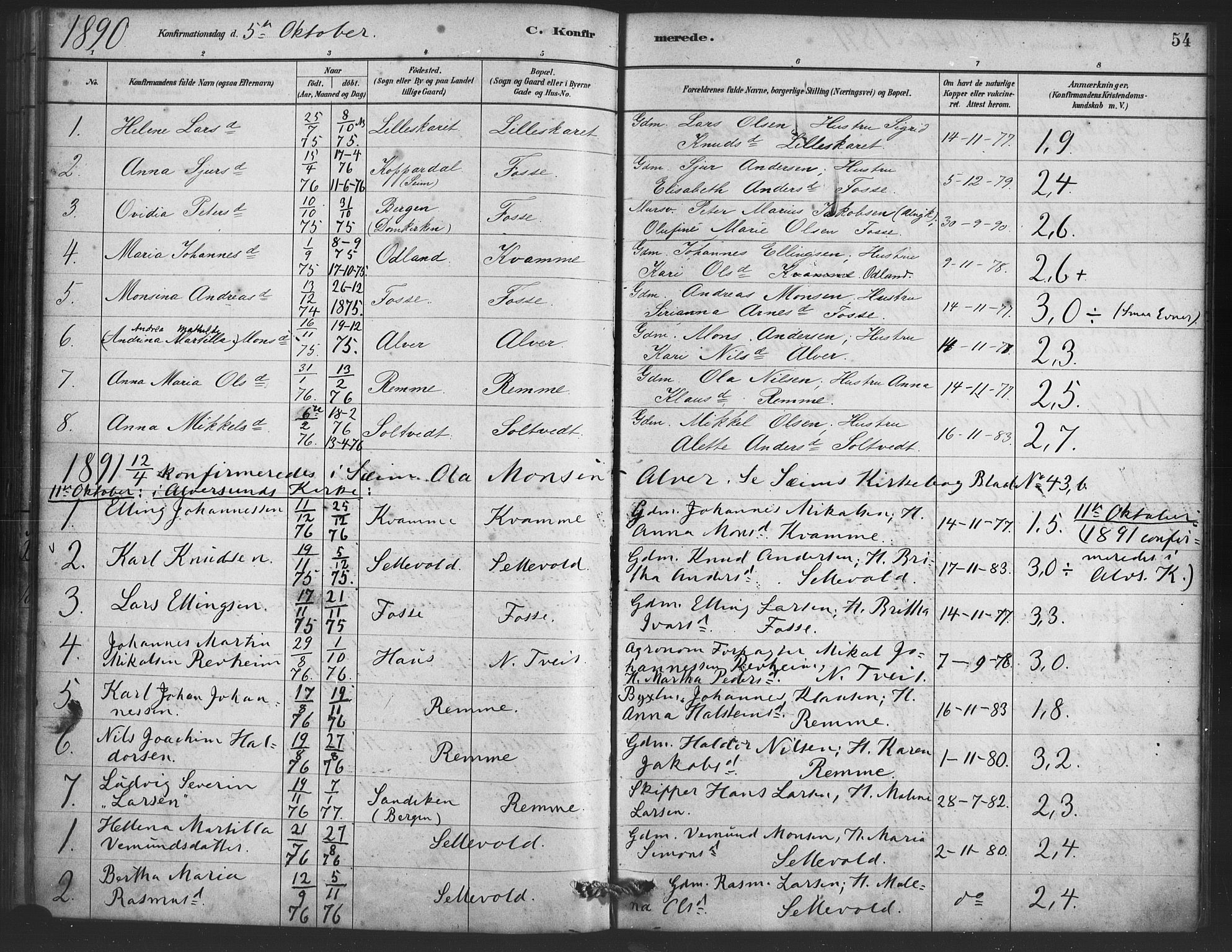 Alversund Sokneprestembete, SAB/A-73901/H/Ha/Haa/Haaa/L0001: Parish register (official) no. A 1, 1882-1896, p. 54