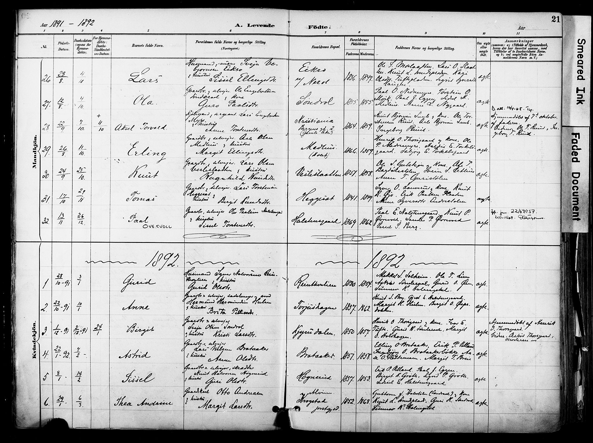 Hol kirkebøker, AV/SAKO-A-227/F/Fa/L0003: Parish register (official) no. I 3, 1887-1918, p. 21