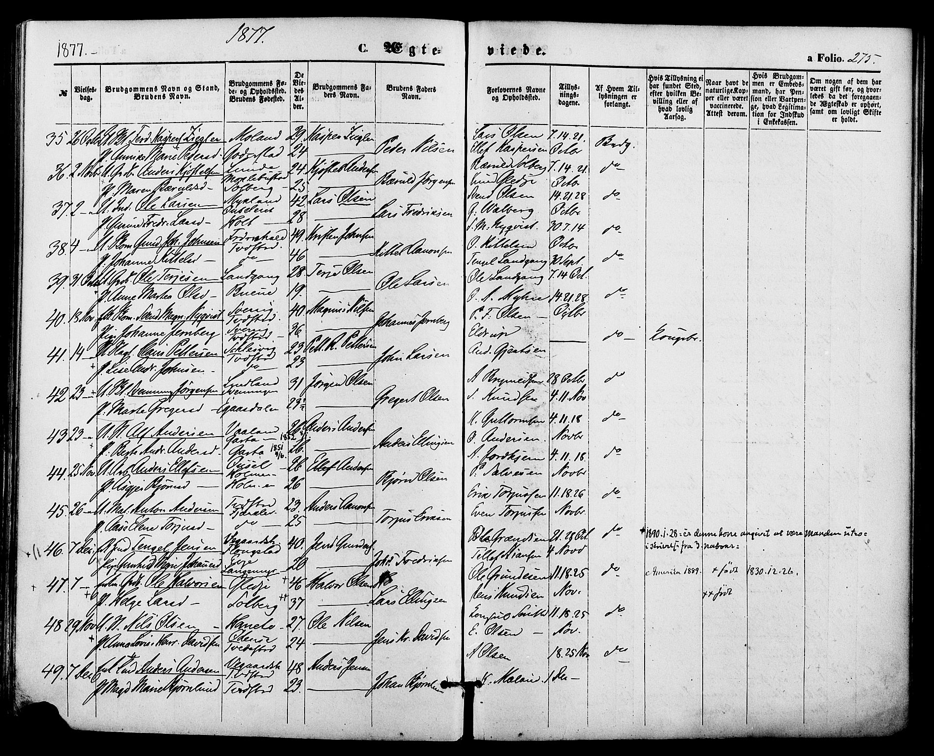 Holt sokneprestkontor, AV/SAK-1111-0021/F/Fa/L0010: Parish register (official) no. A 10, 1872-1885, p. 275