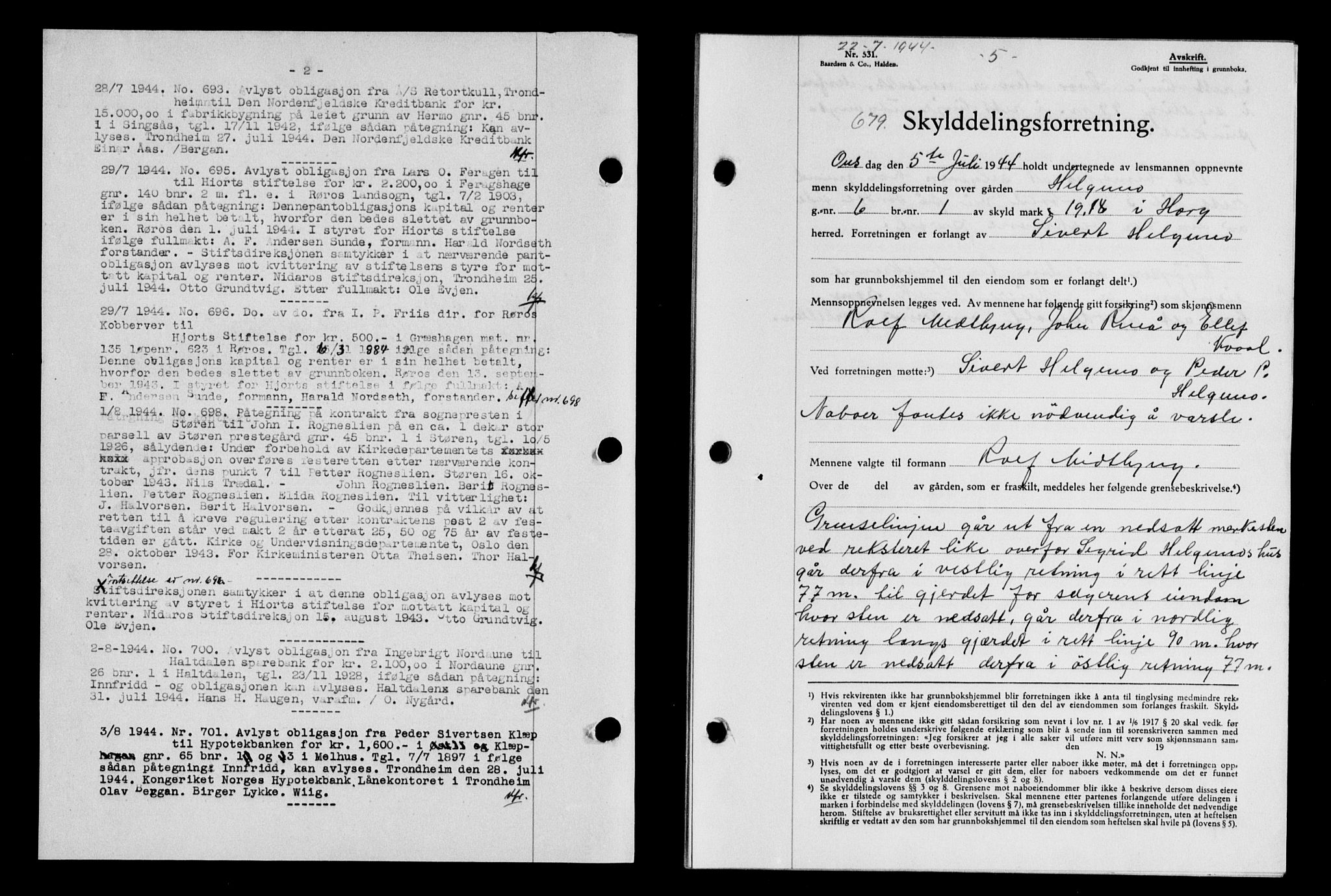 Gauldal sorenskriveri, SAT/A-0014/1/2/2C/L0058: Mortgage book no. 63, 1944-1945, Diary no: : 679/1944