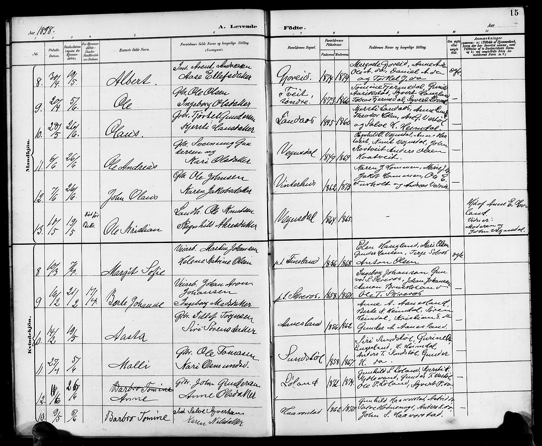 Herefoss sokneprestkontor, AV/SAK-1111-0019/F/Fb/Fbb/L0003: Parish register (copy) no. B 3, 1892-1917, p. 15