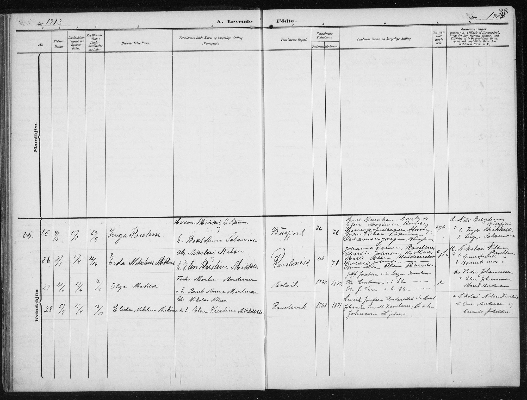 Skjervøy sokneprestkontor, SATØ/S-1300/H/Ha/Hab/L0017klokker: Parish register (copy) no. 17, 1906-1941, p. 38