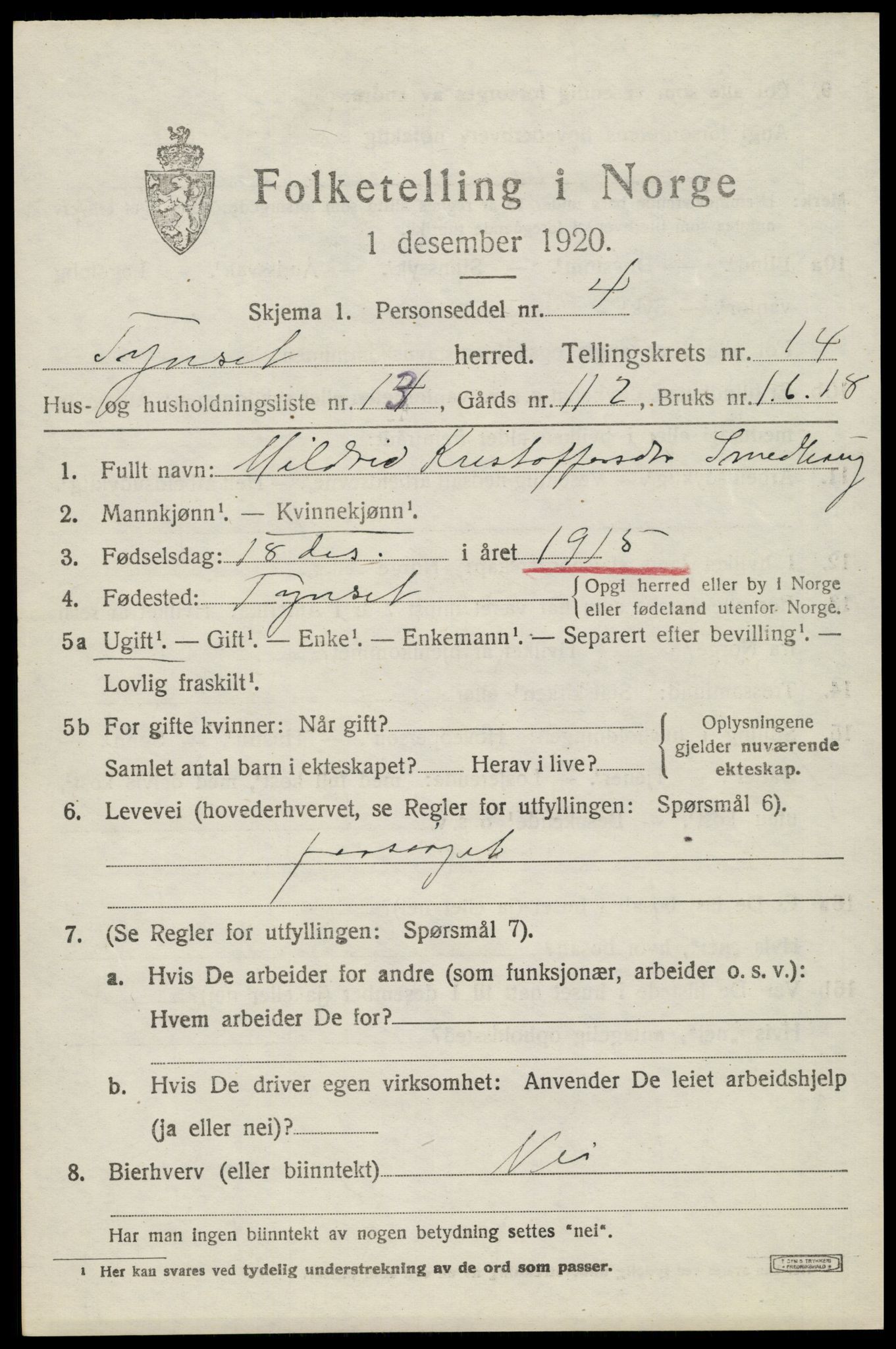 SAH, 1920 census for Tynset, 1920, p. 9048