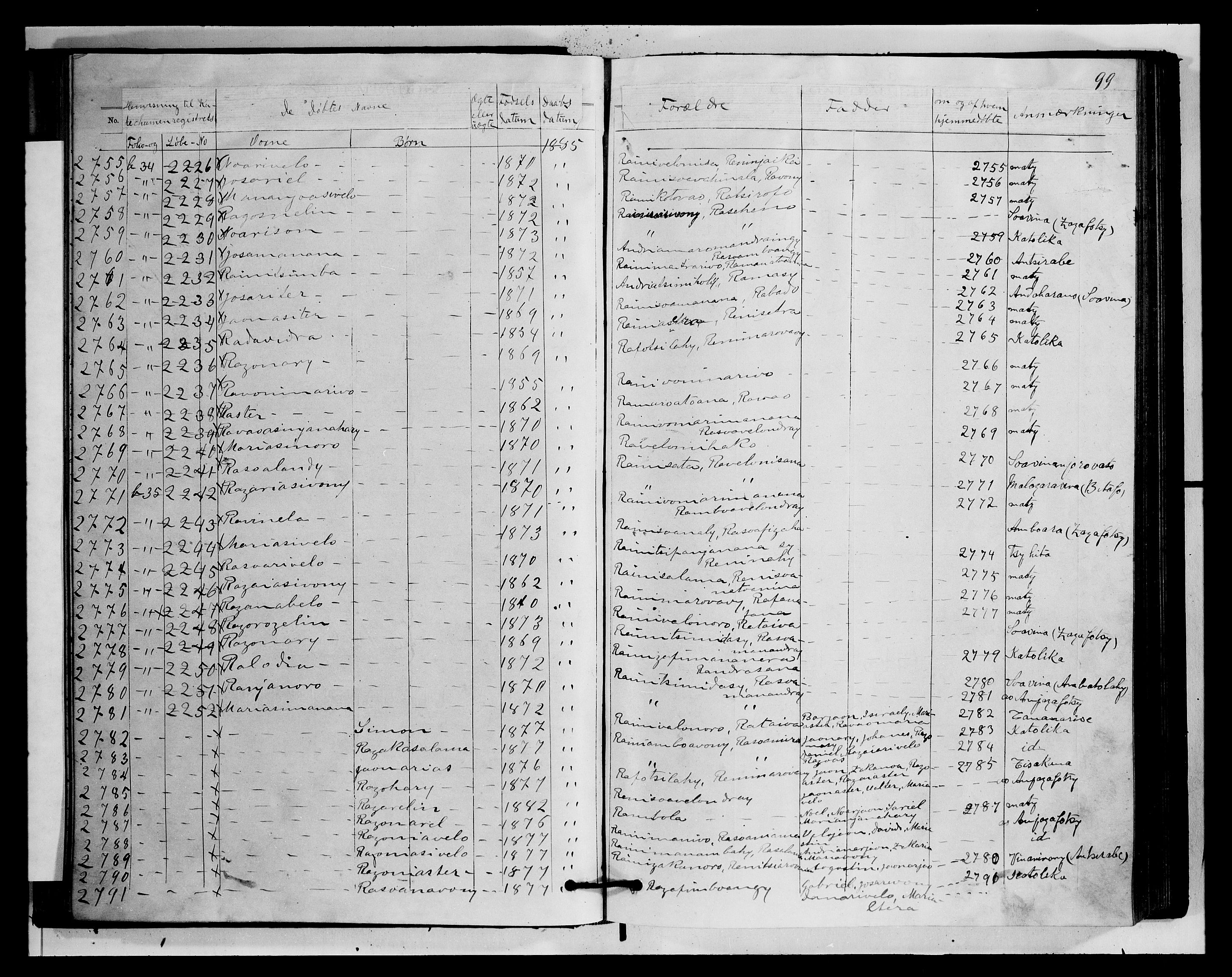 Archives FLM/NMS, Madagaskar, VID/MA-A-1163/D/Db/L0270: Parish register (official) no. 2, 1883-1886, p. 99