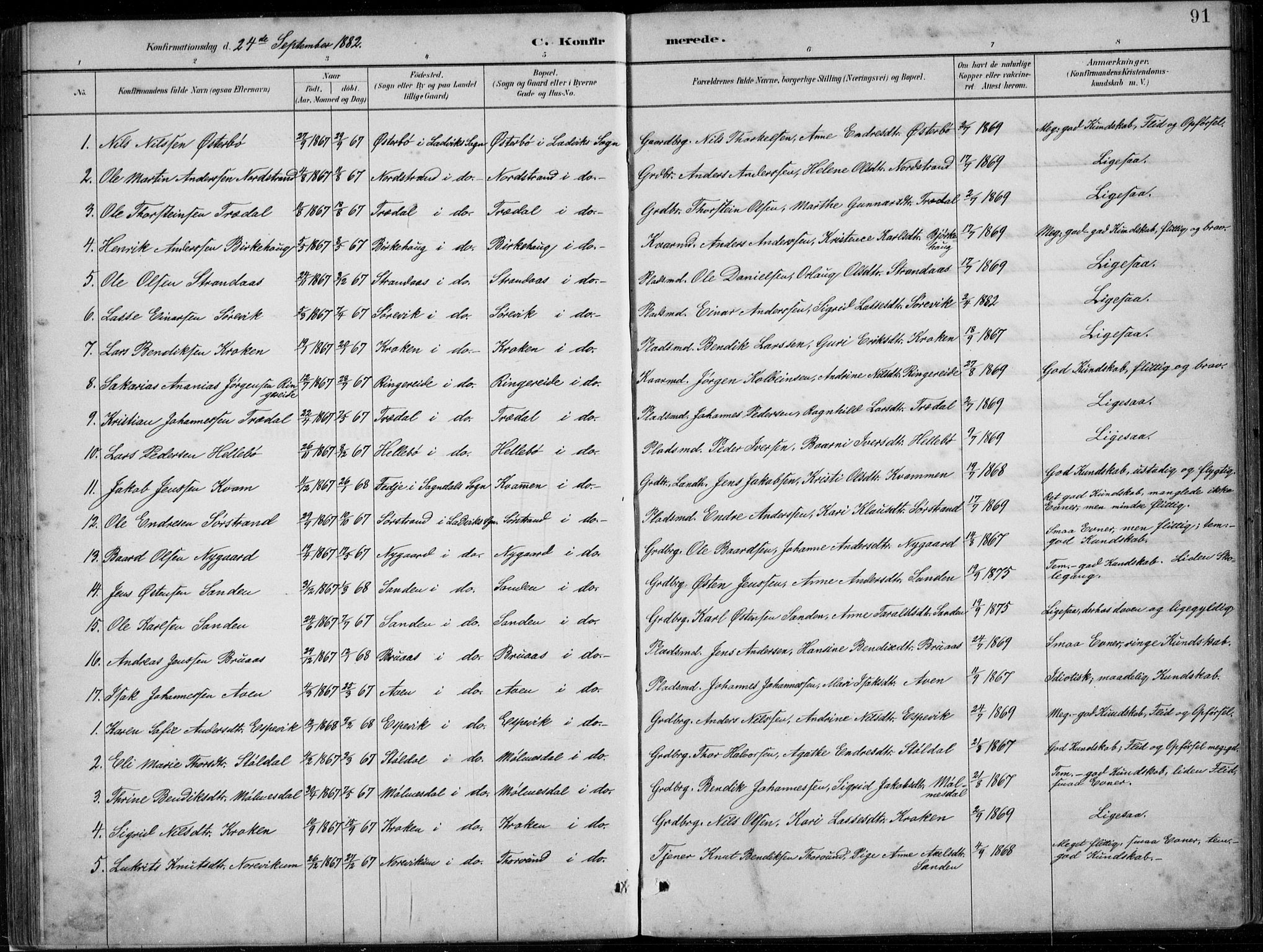 Lavik sokneprestembete, SAB/A-80901: Parish register (copy) no. A 2, 1882-1910, p. 91