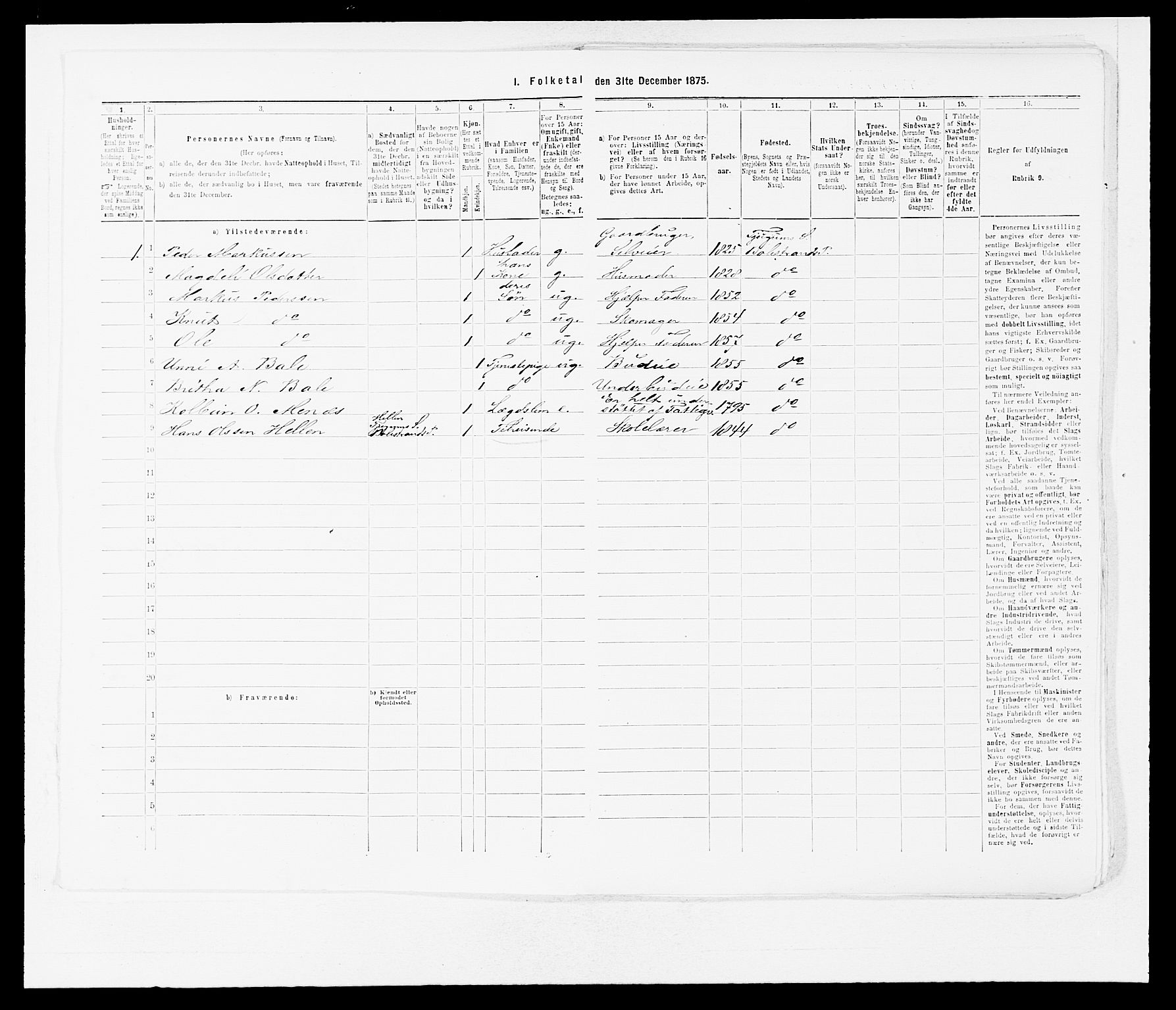 SAB, 1875 census for 1418P Balestrand, 1875, p. 20