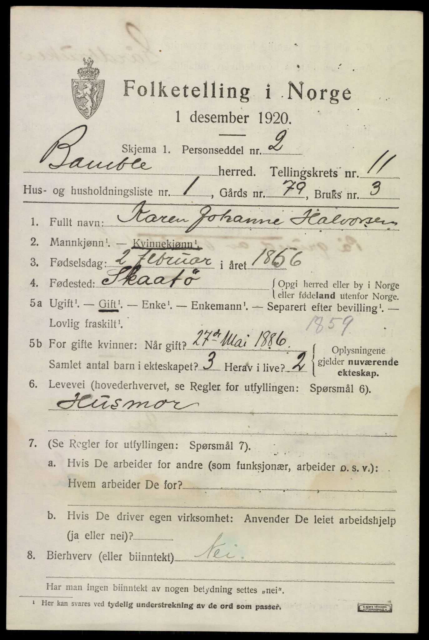 SAKO, 1920 census for Bamble, 1920, p. 8799