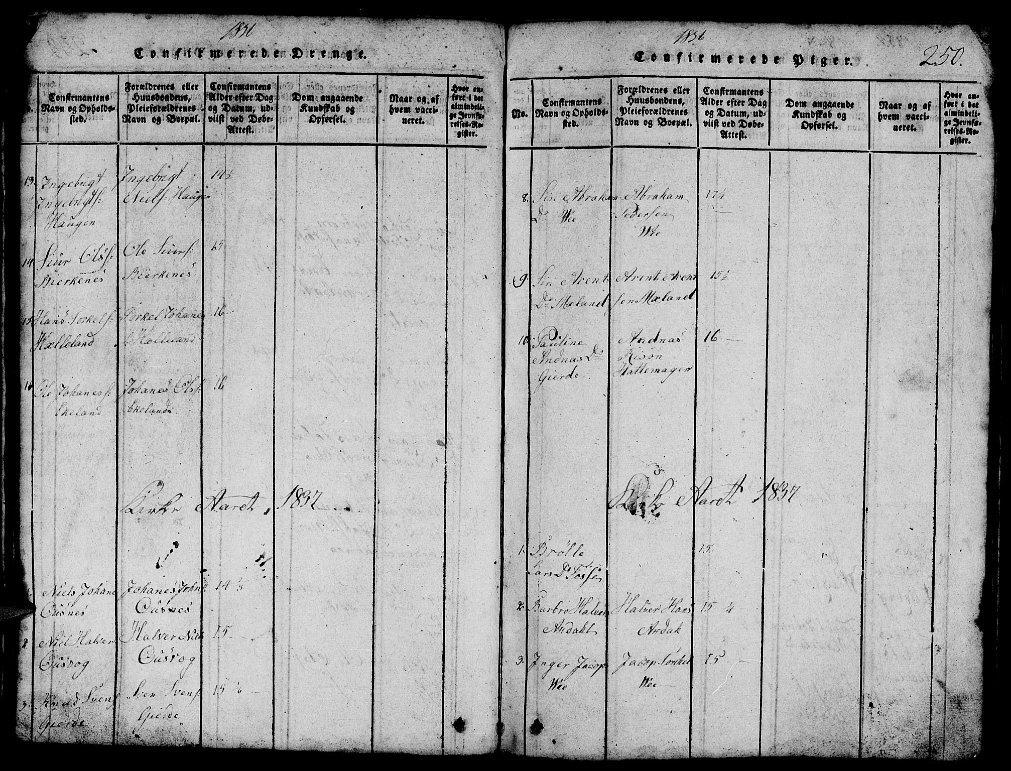 Etne sokneprestembete, SAB/A-75001/H/Hab: Parish register (copy) no. B 1, 1815-1850, p. 250