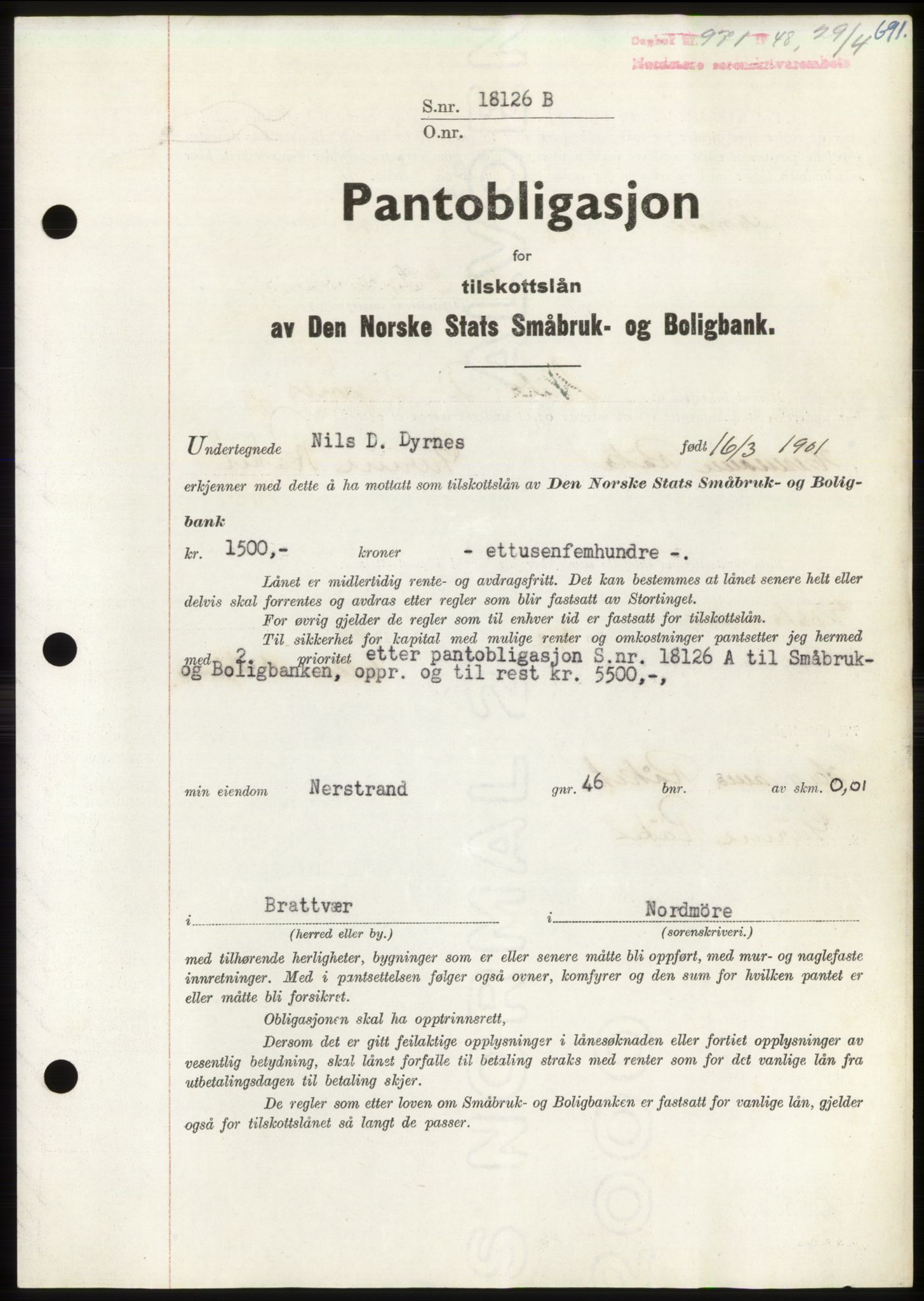 Nordmøre sorenskriveri, AV/SAT-A-4132/1/2/2Ca: Mortgage book no. B98, 1948-1948, Diary no: : 971/1948