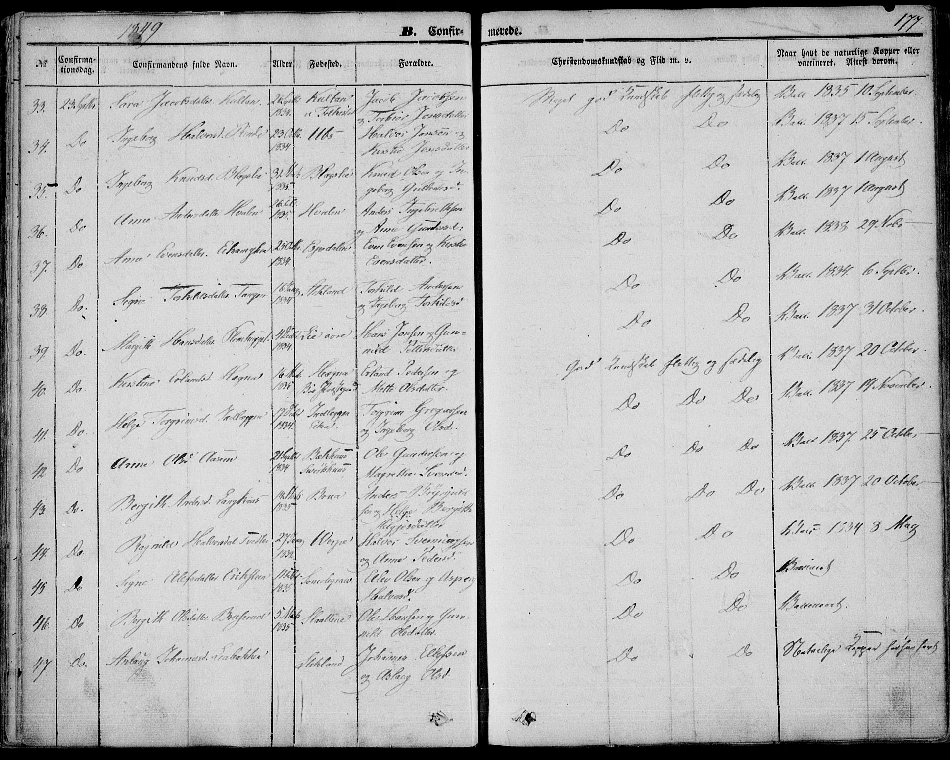 Bø kirkebøker, AV/SAKO-A-257/F/Fa/L0008: Parish register (official) no. 8, 1849-1861, p. 177