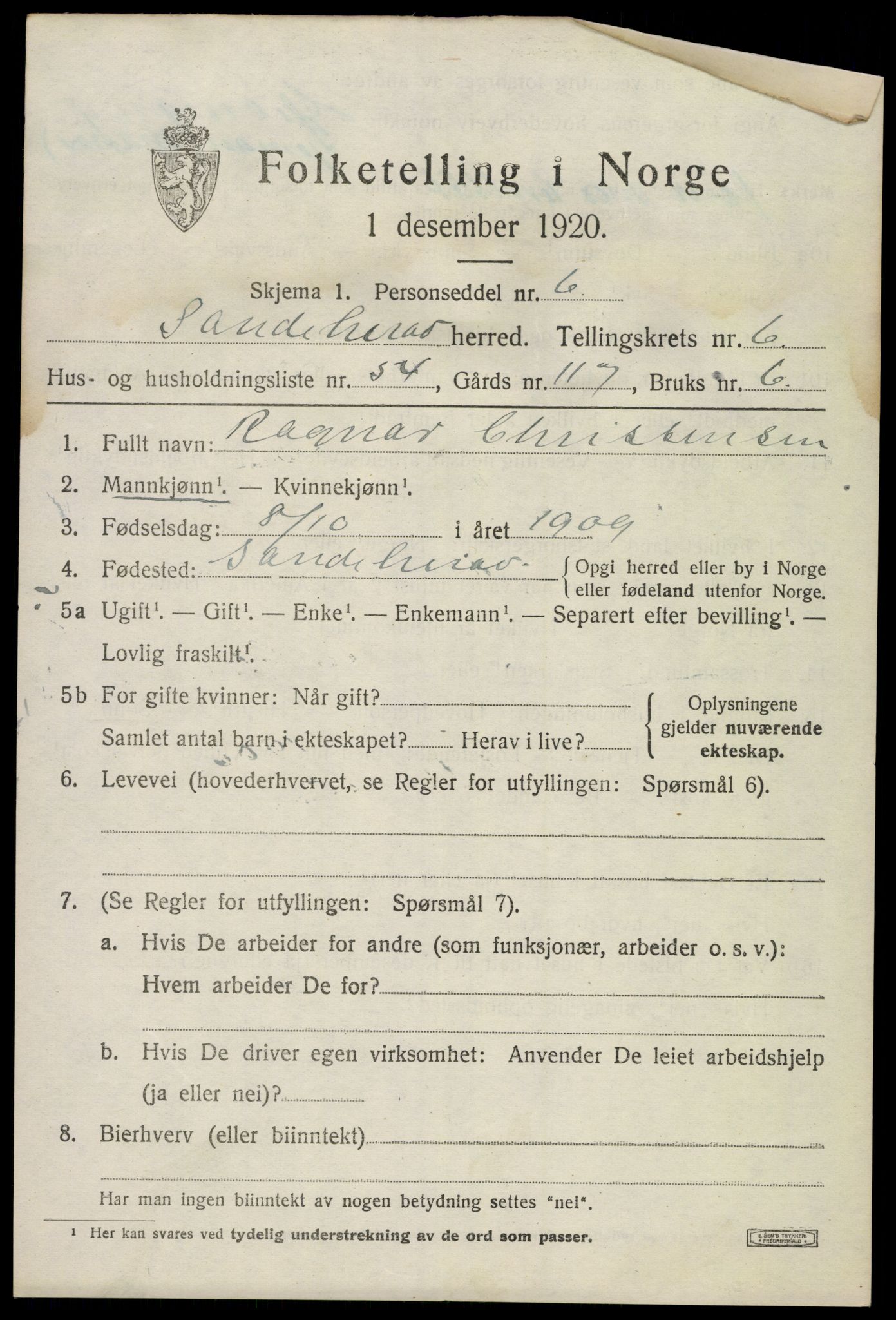 SAKO, 1920 census for Sandeherred, 1920, p. 10298