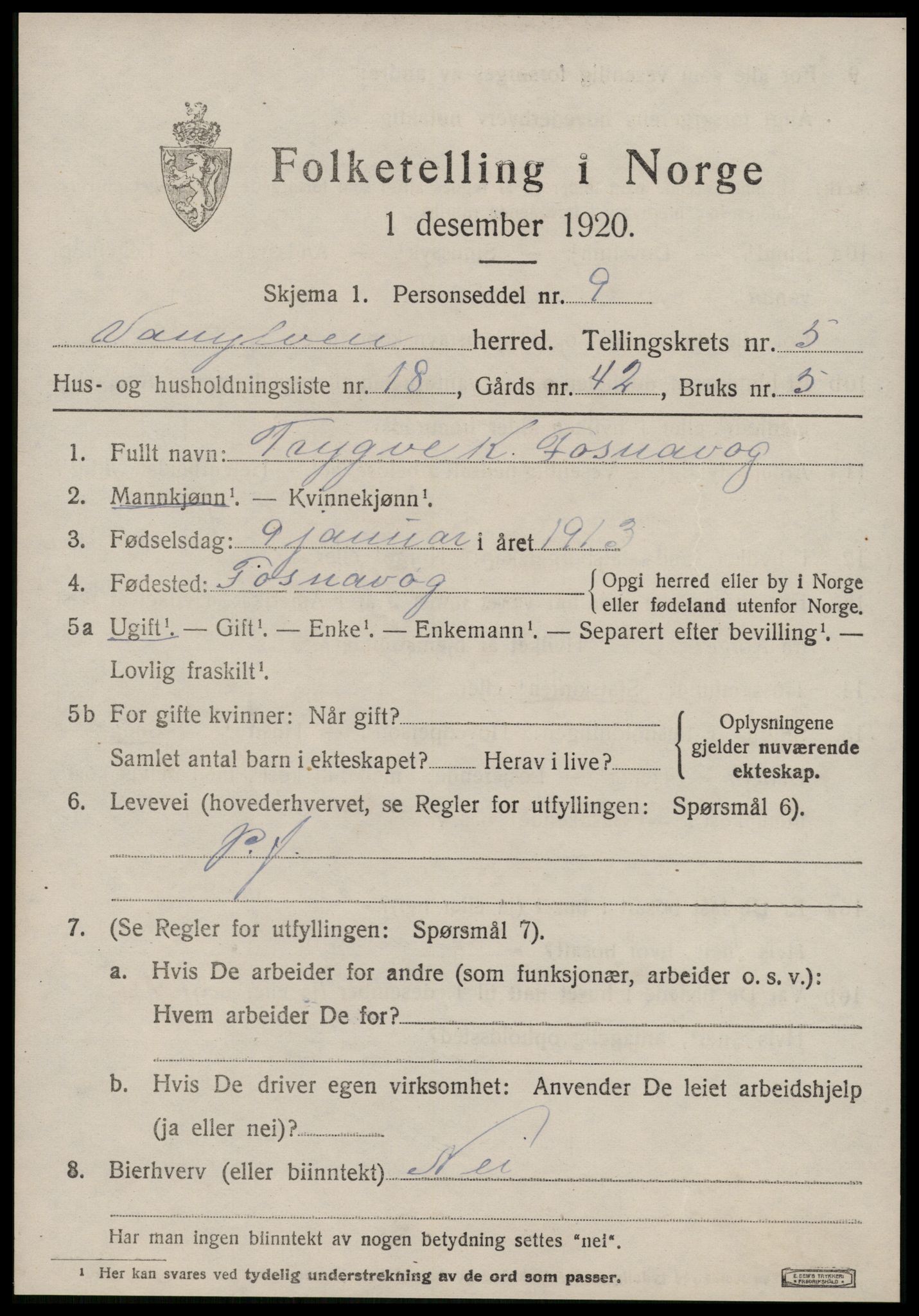 SAT, 1920 census for Vanylven, 1920, p. 3063