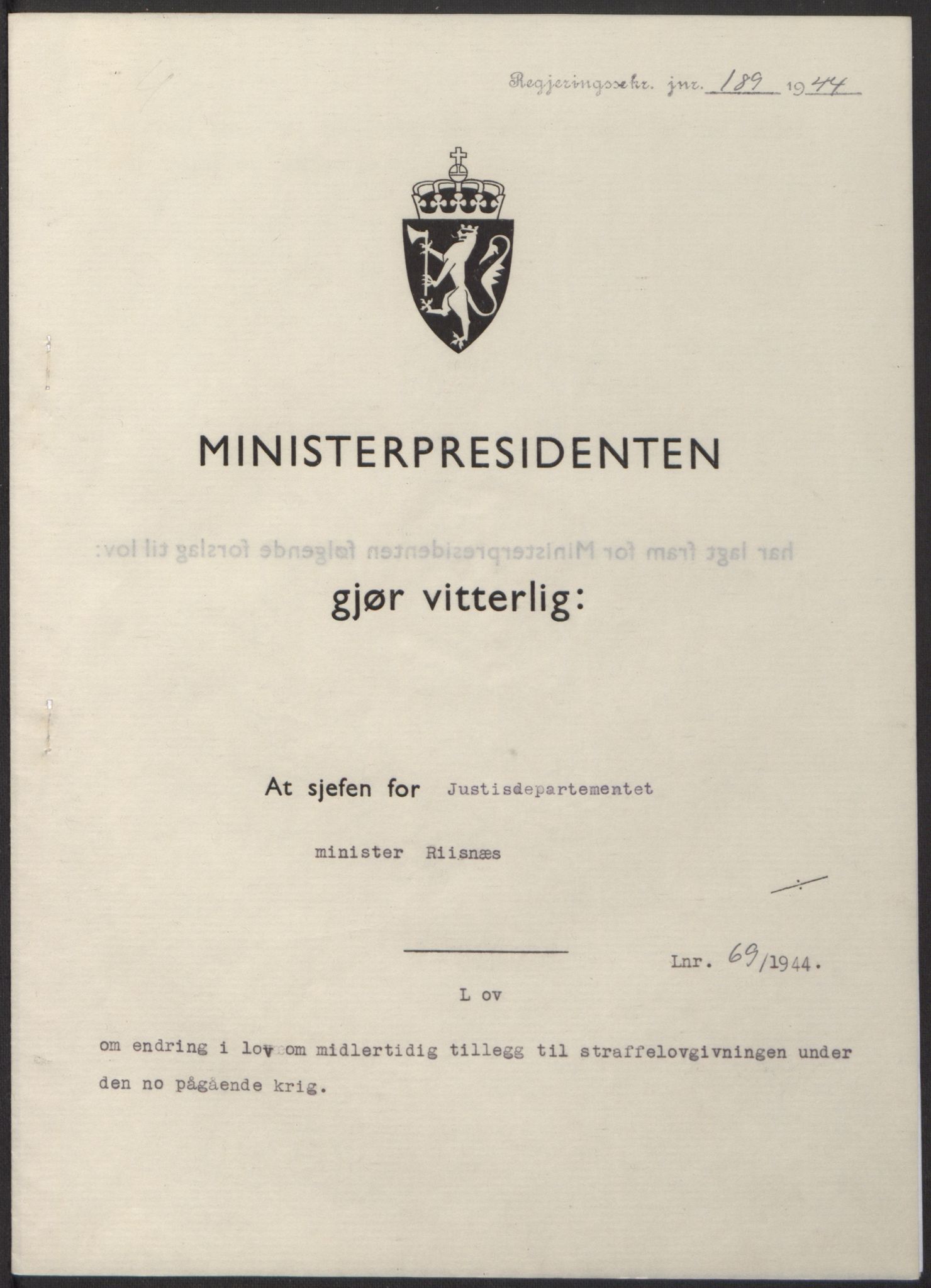 NS-administrasjonen 1940-1945 (Statsrådsekretariatet, de kommisariske statsråder mm), RA/S-4279/D/Db/L0100: Lover, 1944, p. 326