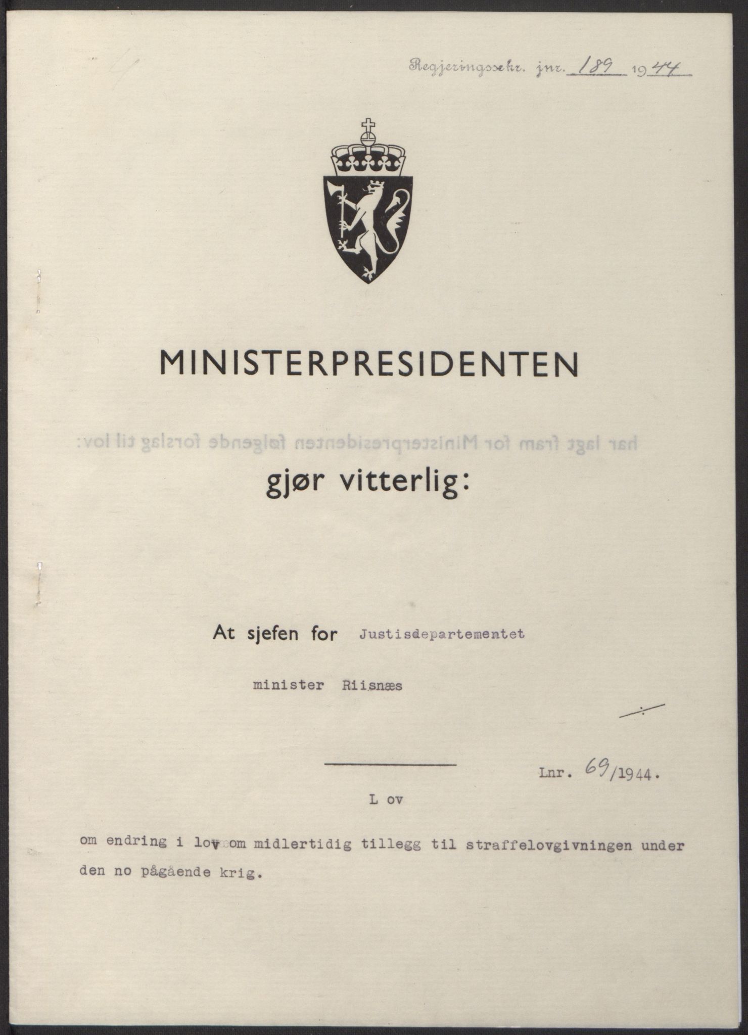 NS-administrasjonen 1940-1945 (Statsrådsekretariatet, de kommisariske statsråder mm), AV/RA-S-4279/D/Db/L0100: Lover, 1944, p. 326