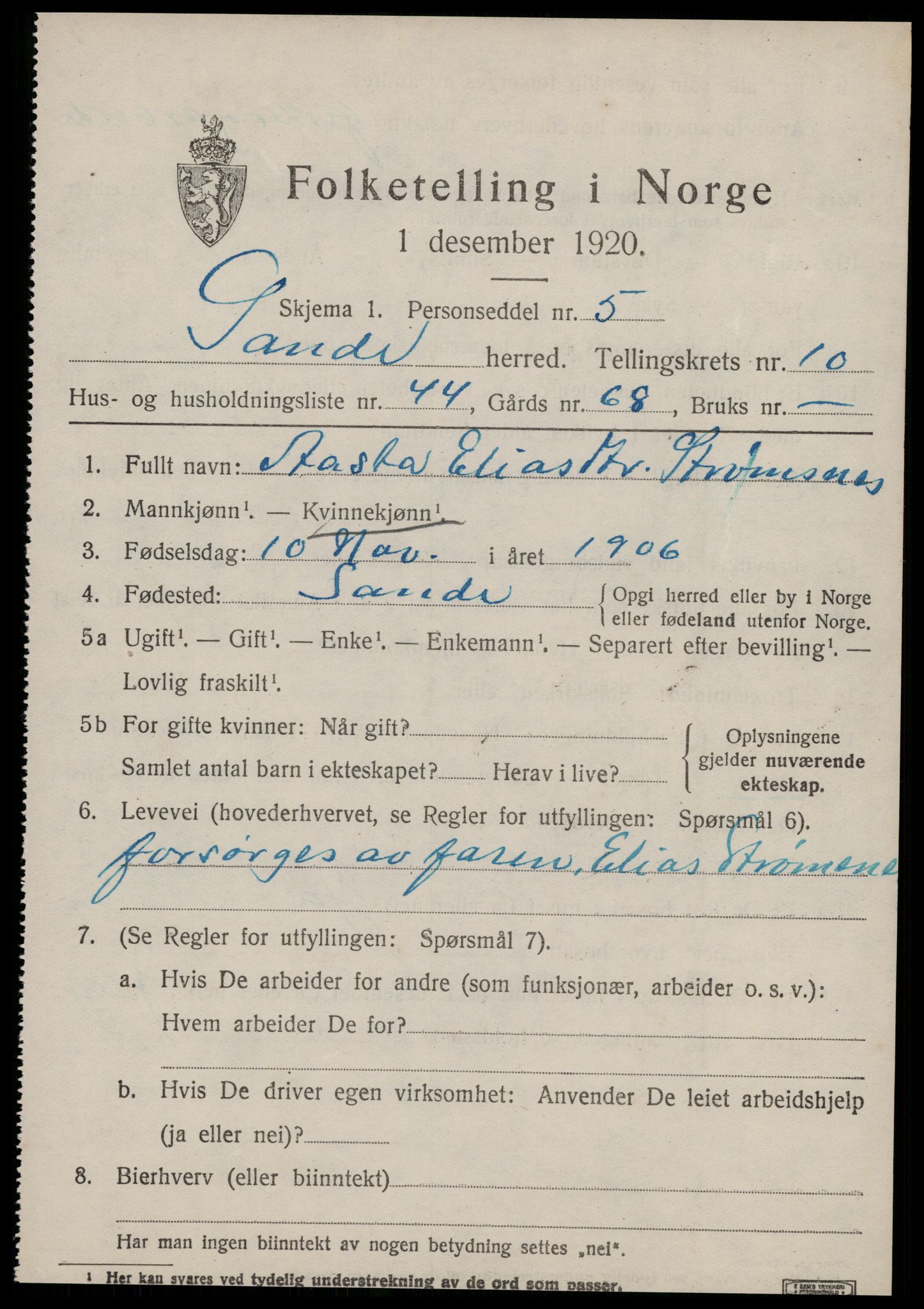 SAT, 1920 census for Sande (MR), 1920, p. 5726