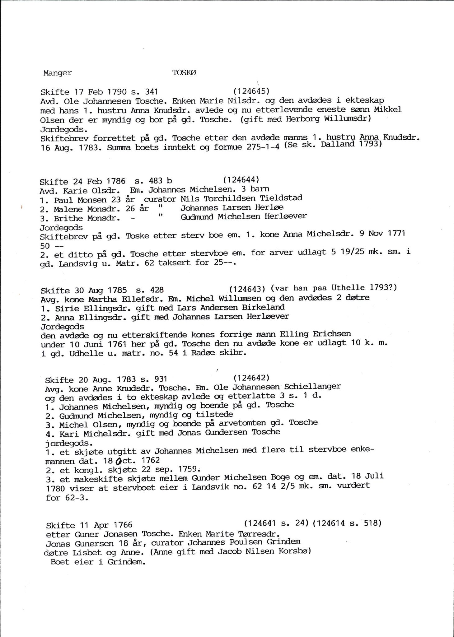 Samling av fulltekstavskrifter, SAB/FULLTEKST/D/12/0001: Skifter og andre opplysninger fra gårder i Manger prestegjeld (soknene Herdla, Bø, Sæbø og Manger) ca. 1700 - ca. 1800, 1700-1800, p. 56