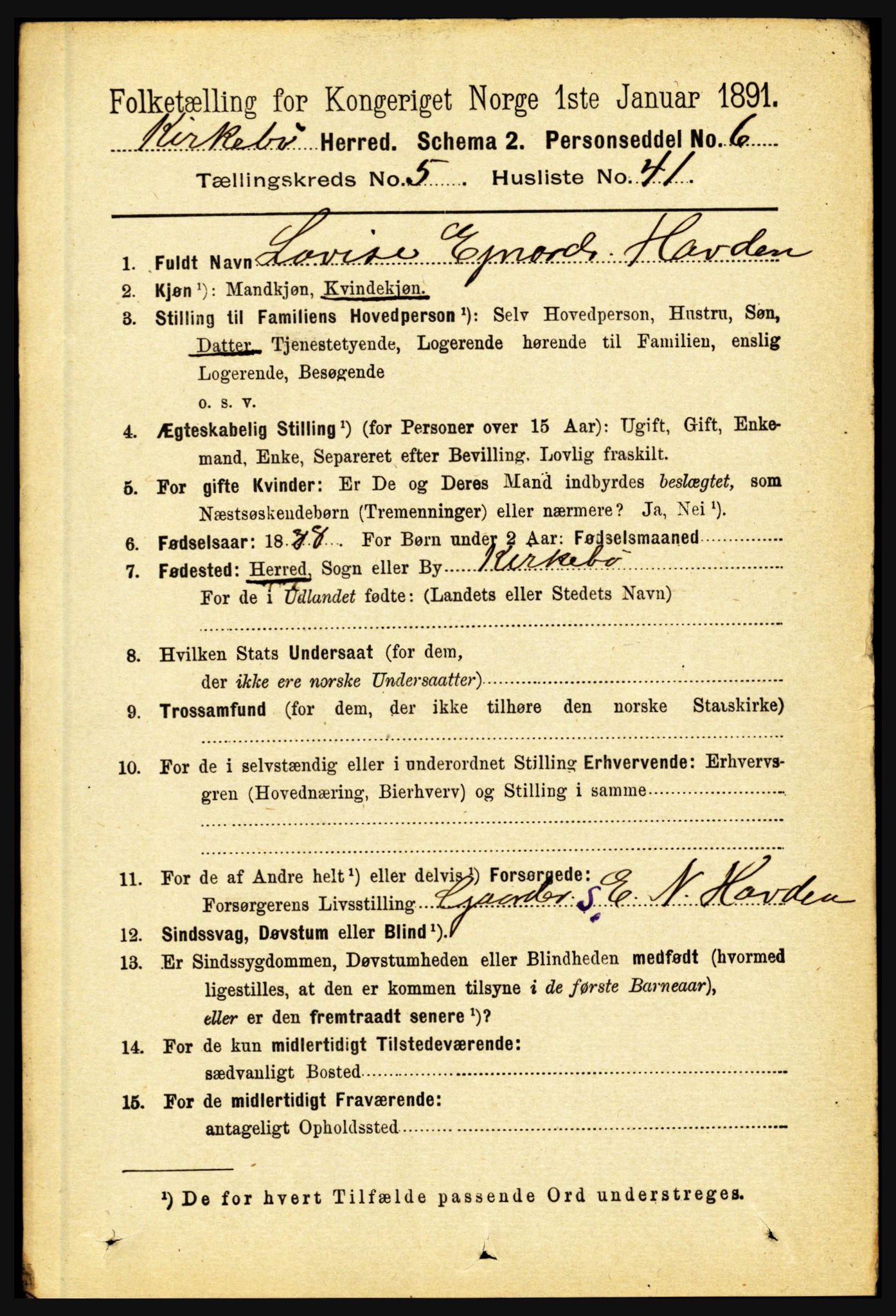 RA, 1891 census for 1416 Kyrkjebø, 1891, p. 1303