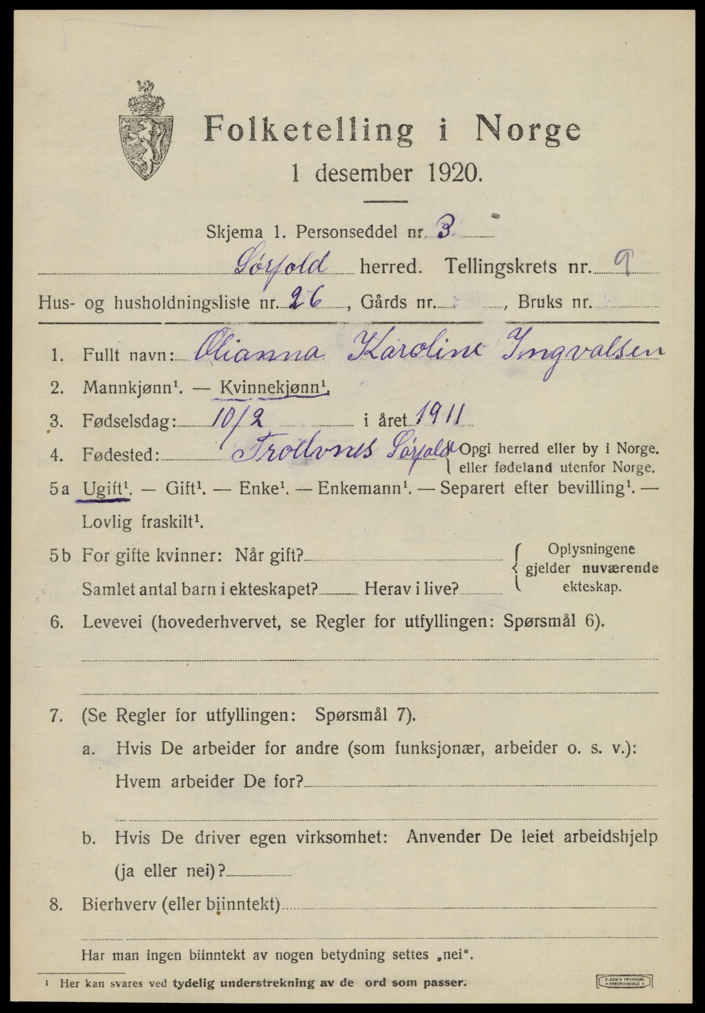 SAT, 1920 census for Sørfold, 1920, p. 5171