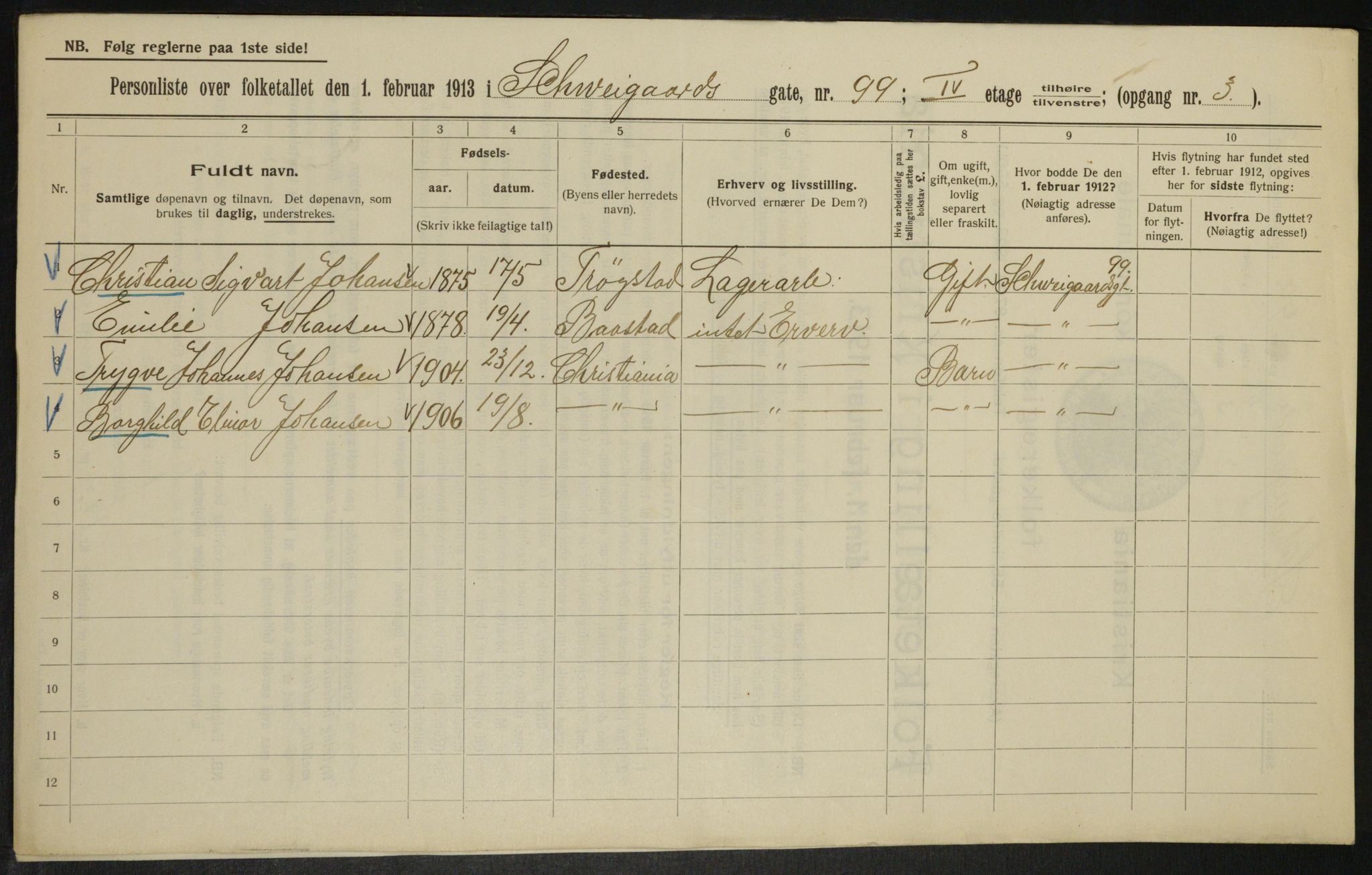 OBA, Municipal Census 1913 for Kristiania, 1913, p. 92639