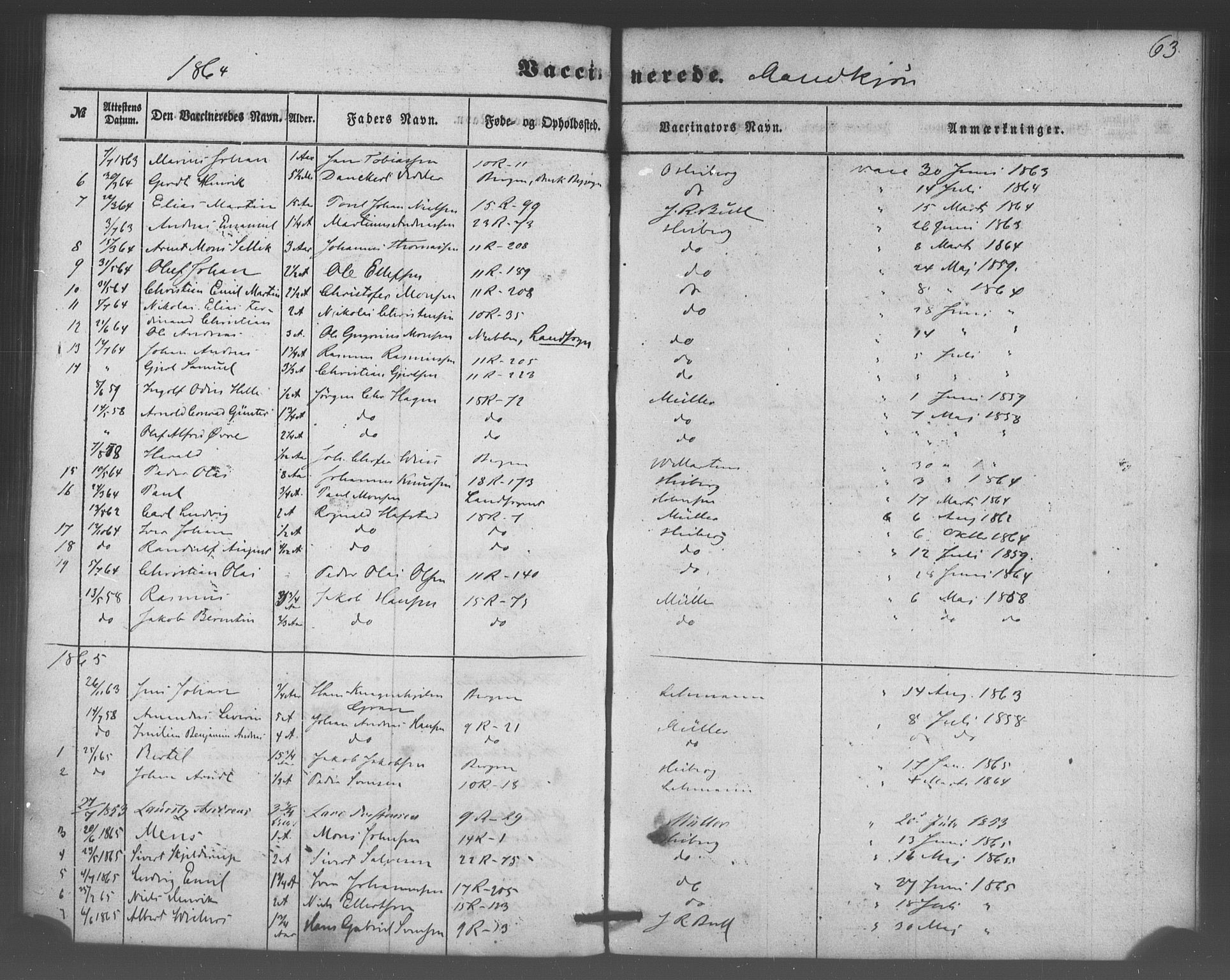 Domkirken sokneprestembete, SAB/A-74801/H/Haa/L0047: Parish register (official) no. F 2, 1852-1868, p. 63