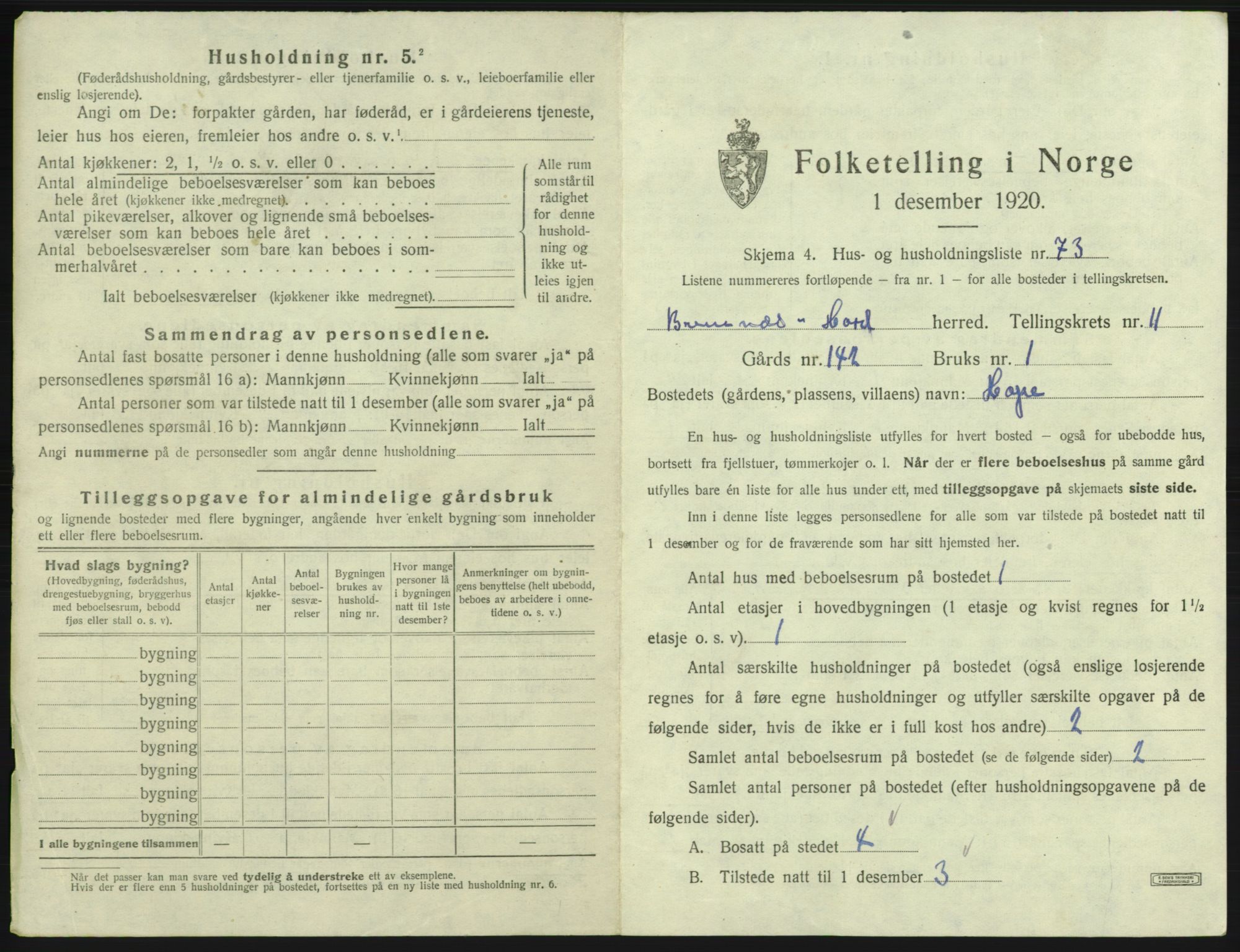 SAB, 1920 census for Bremnes, 1920, p. 1023