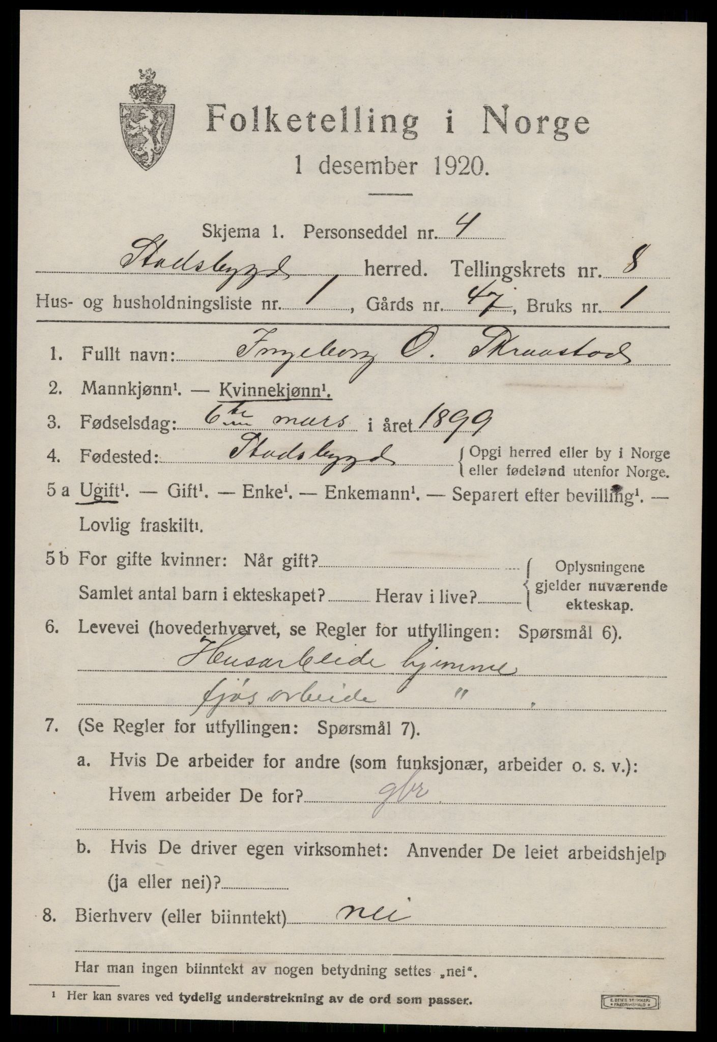 SAT, 1920 census for Stadsbygd, 1920, p. 3868